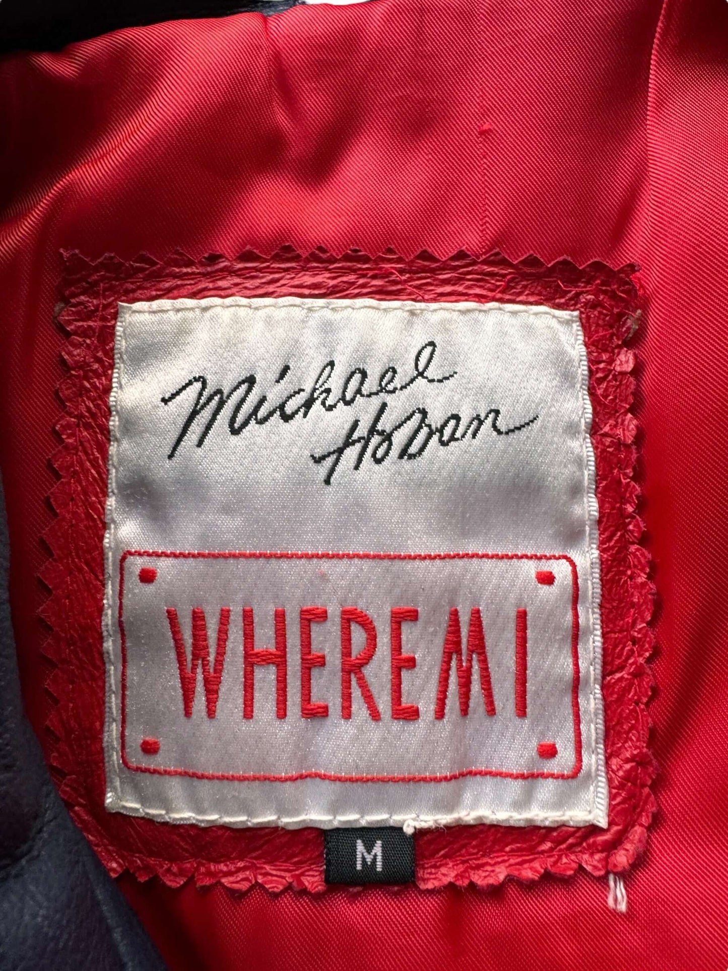 Label on Vintage Michael Hoban WhereMI Flag Leather Jacket SZ M