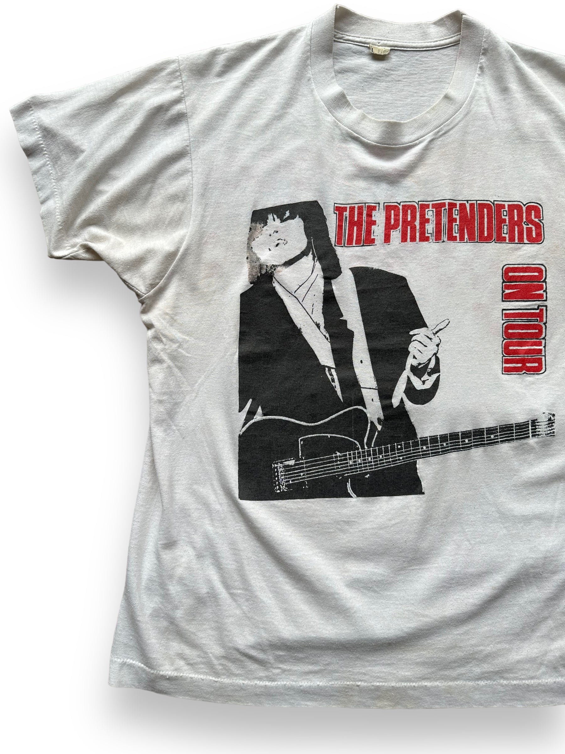 Front Right View of Vintage Pretenders On Tour Bootleg Tee SZ L |  Barn Owl Vintage Clothing | Vintage Chrissie Hynde Rock Tees Seattle