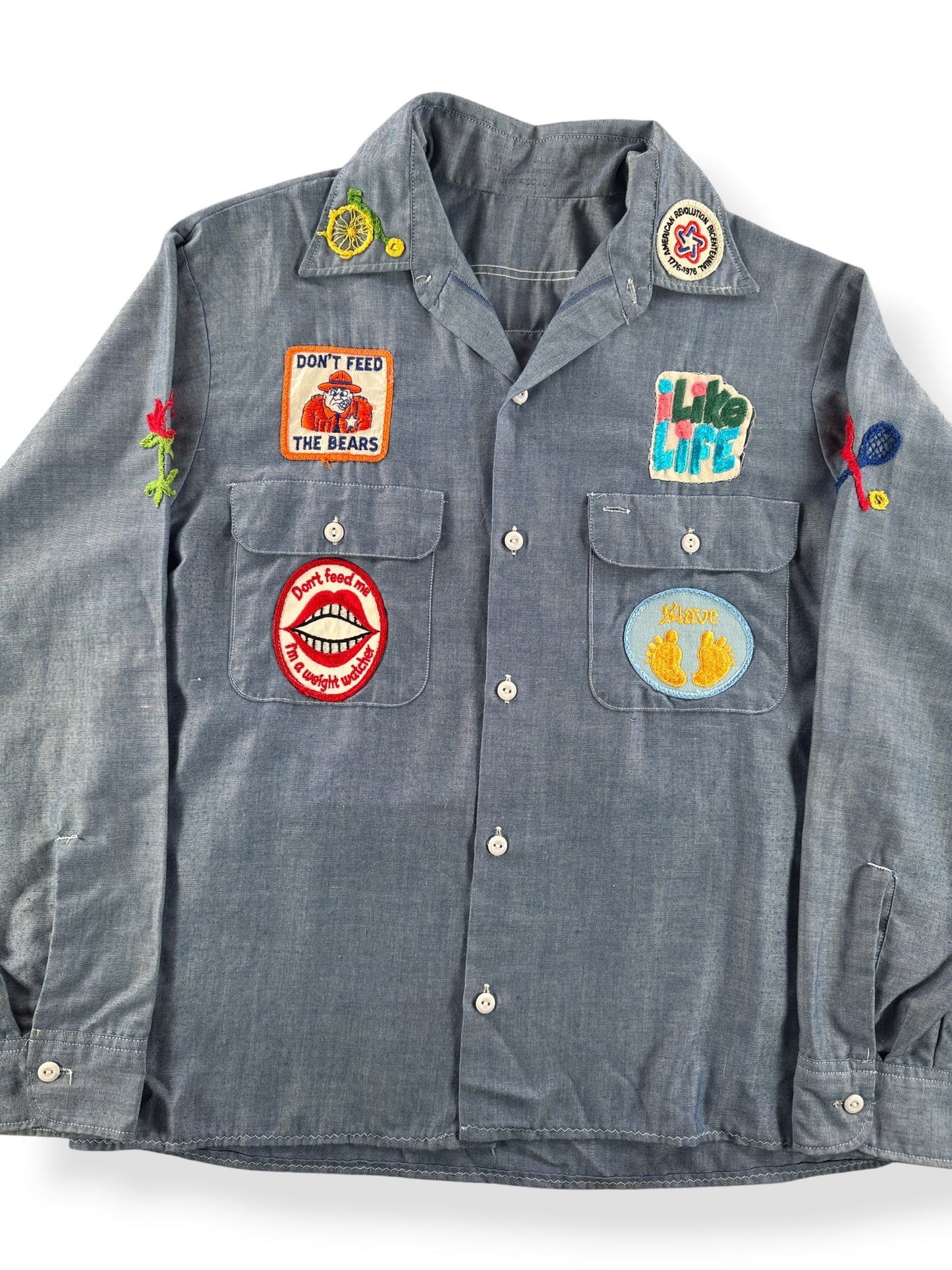 Front Close Up of Vintage Patched Chambray Shirt SZ M