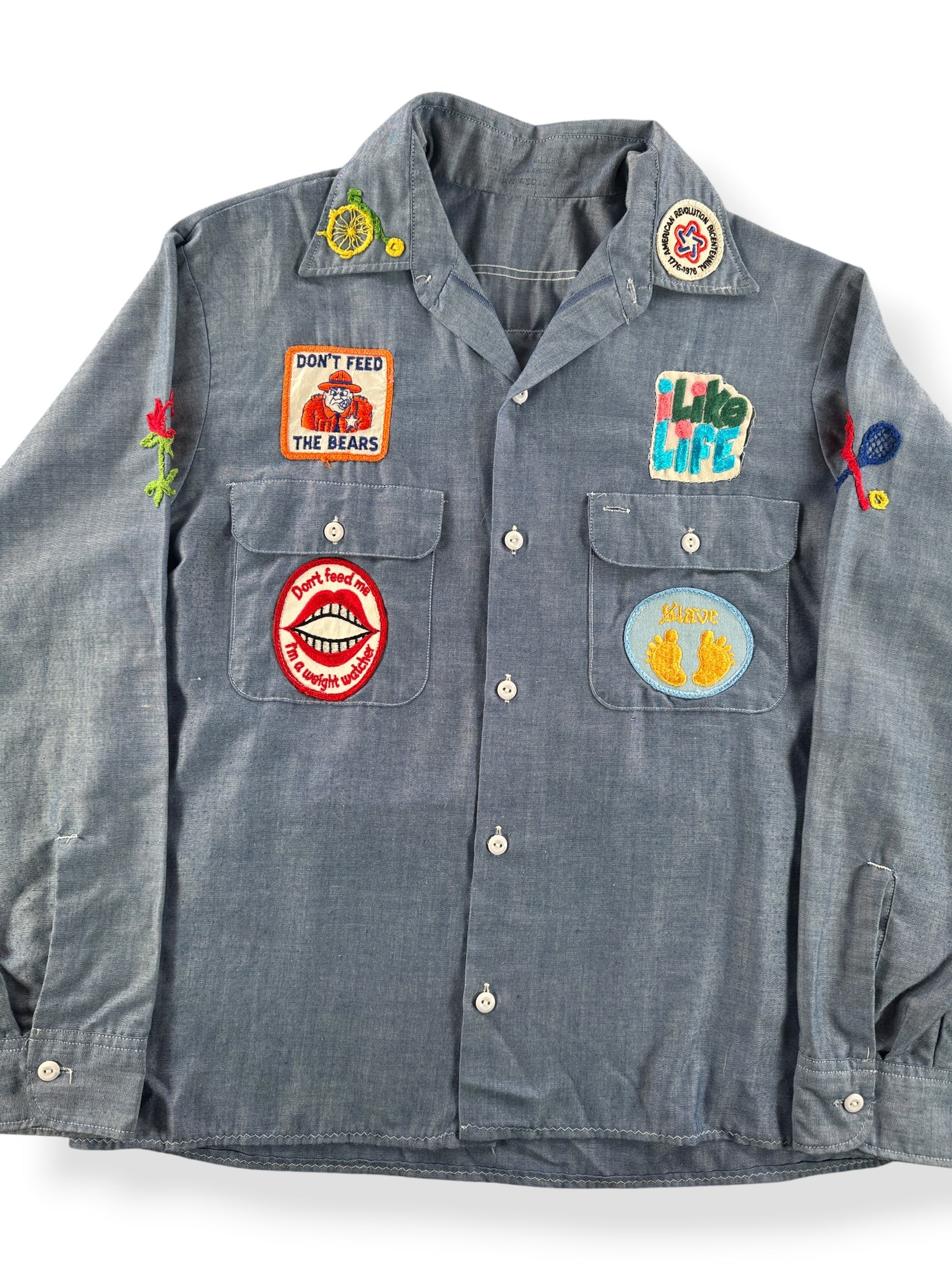 Front Close Up of Vintage Patched Chambray Shirt SZ M