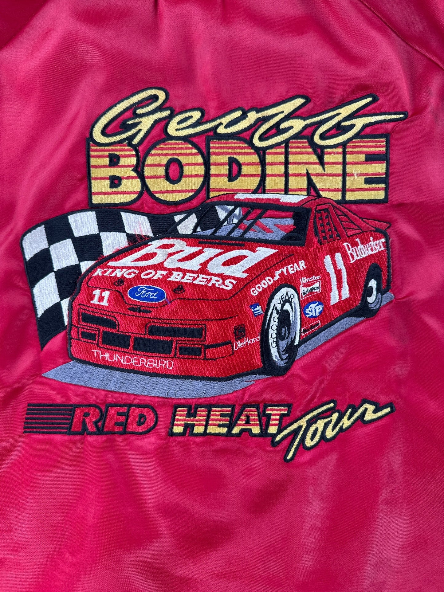 Back embroidery on Vintage Geoff Bodine Team Budweiser Nylon Jacket SZ S - AS IS
