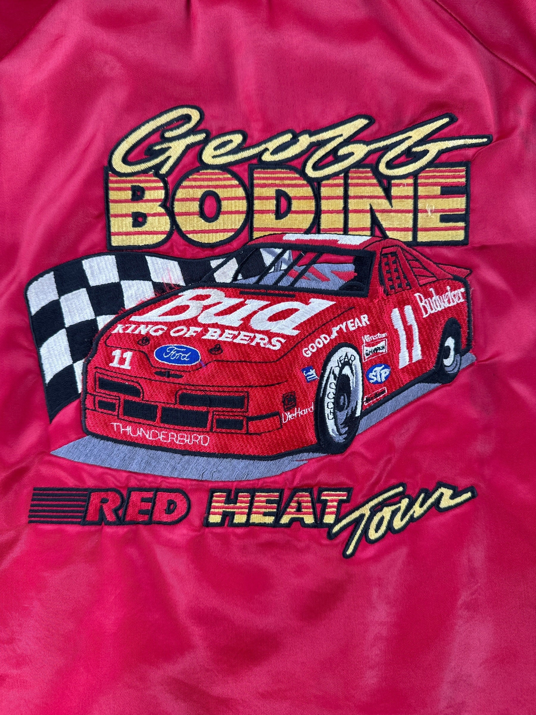 Back embroidery on Vintage Geoff Bodine Team Budweiser Nylon Jacket SZ S - AS IS