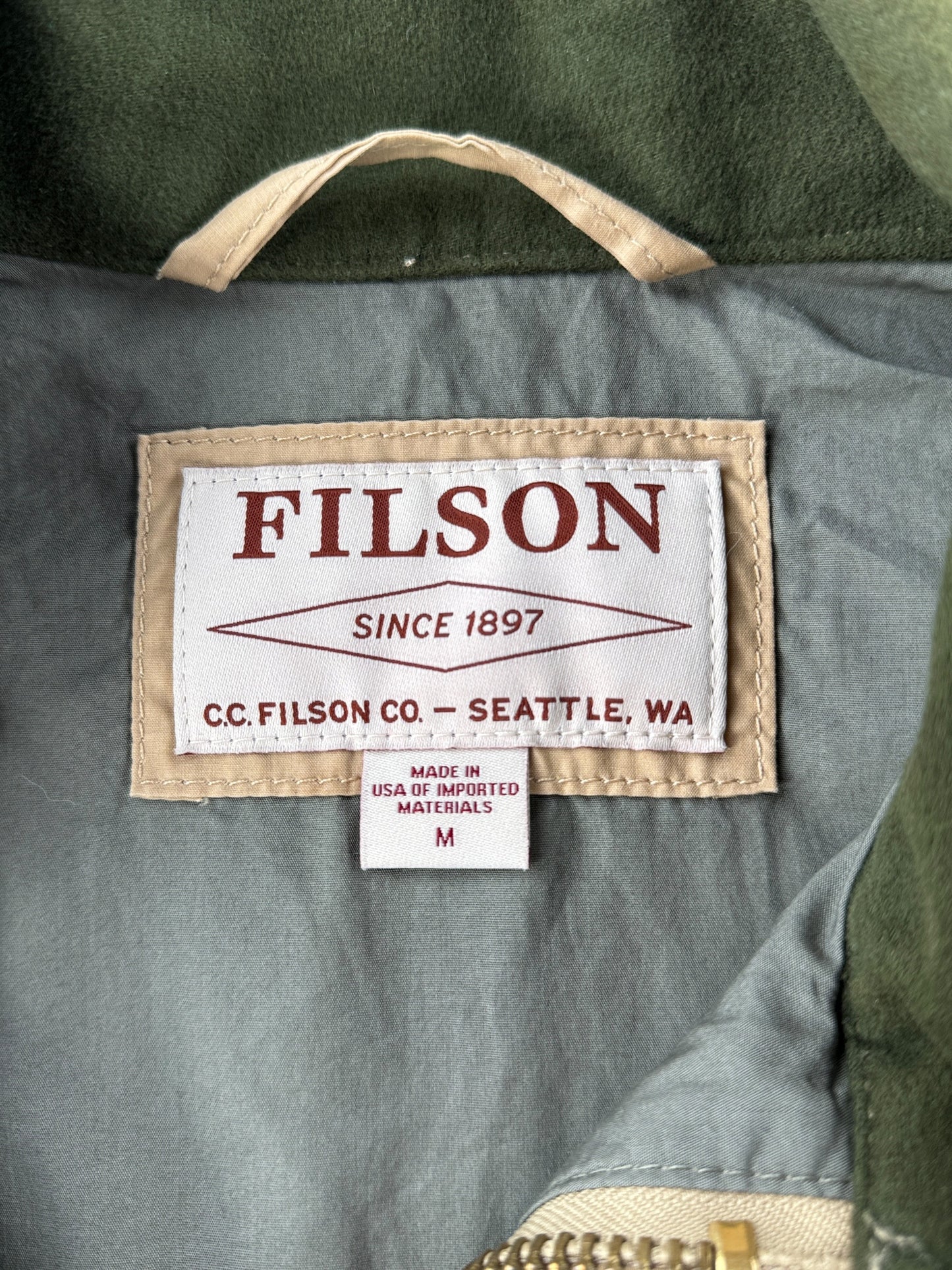 Tag on Filson Khaki Mile Marker Jacket SZ L