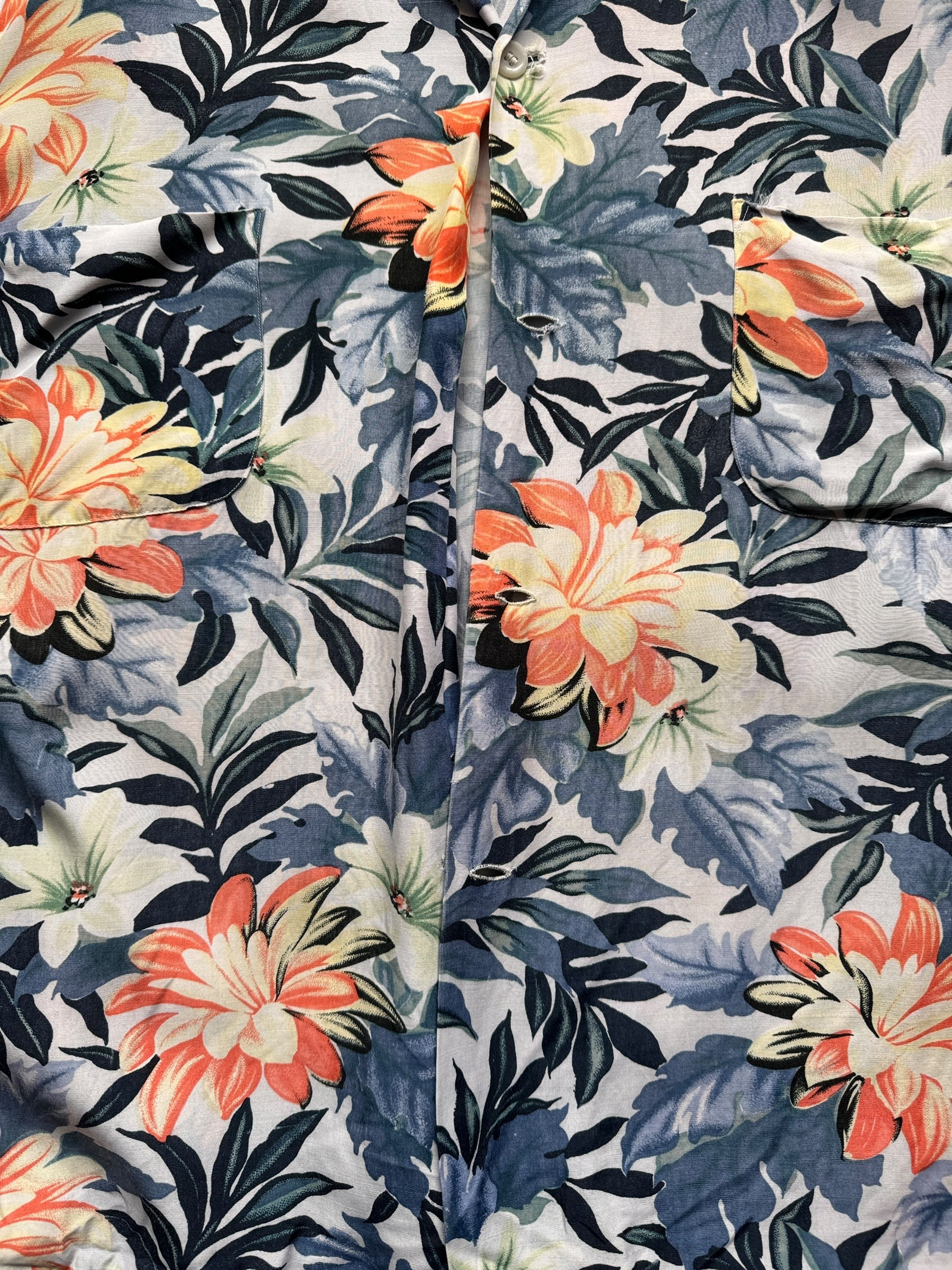 missing buttons on Vintage Made in Japan Navy Blue/Orange Floral Penney's Aloha Shirt SZ L