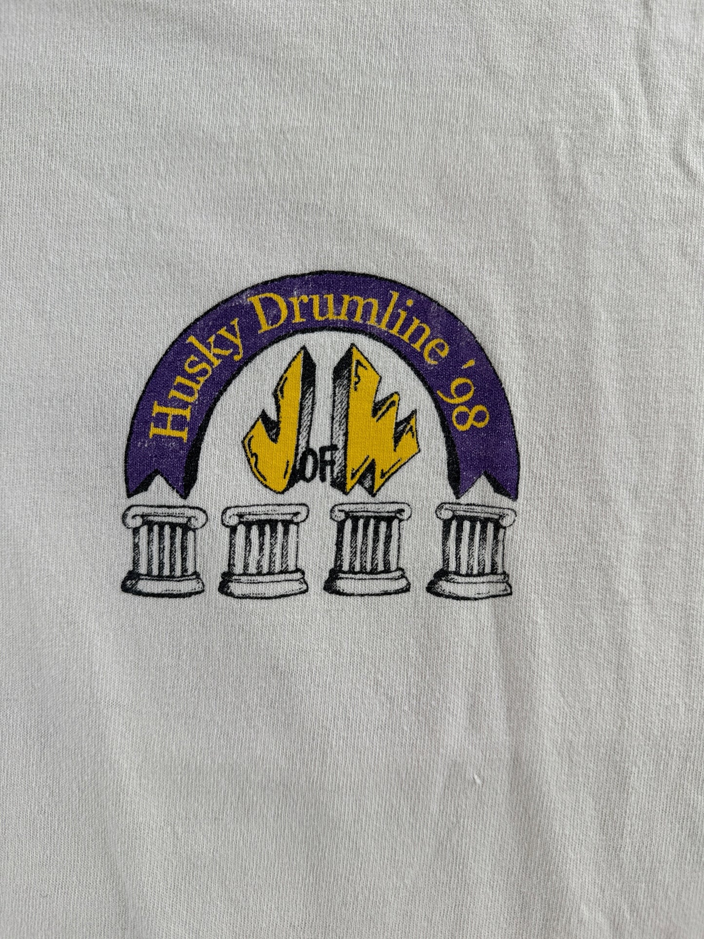 Front graphic of Vintage 1998 Huskies Drumline Tee SZ L