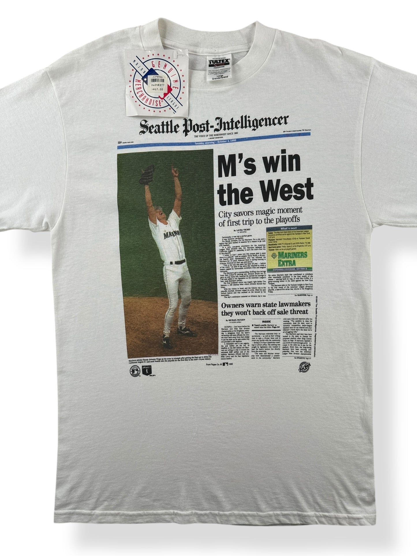 Front Close Up of Vintage Seattle Mariners Win The West 1995 Tee SZ L