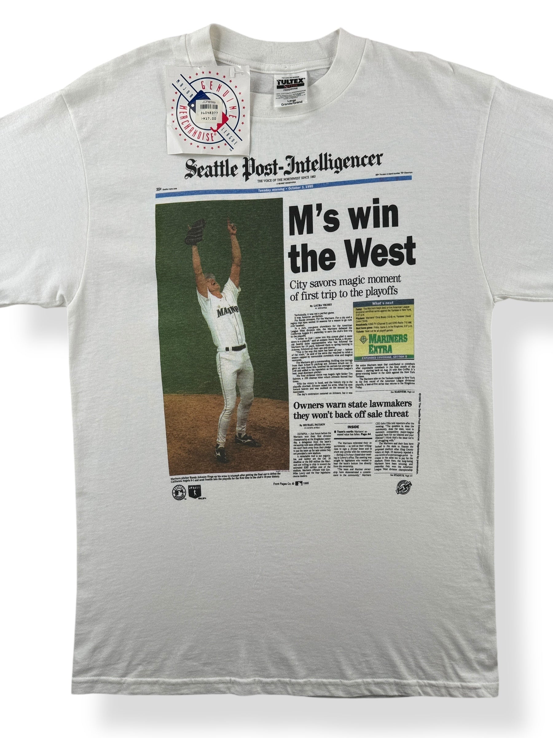 Front Close Up of Vintage Seattle Mariners Win The West 1995 Tee SZ L