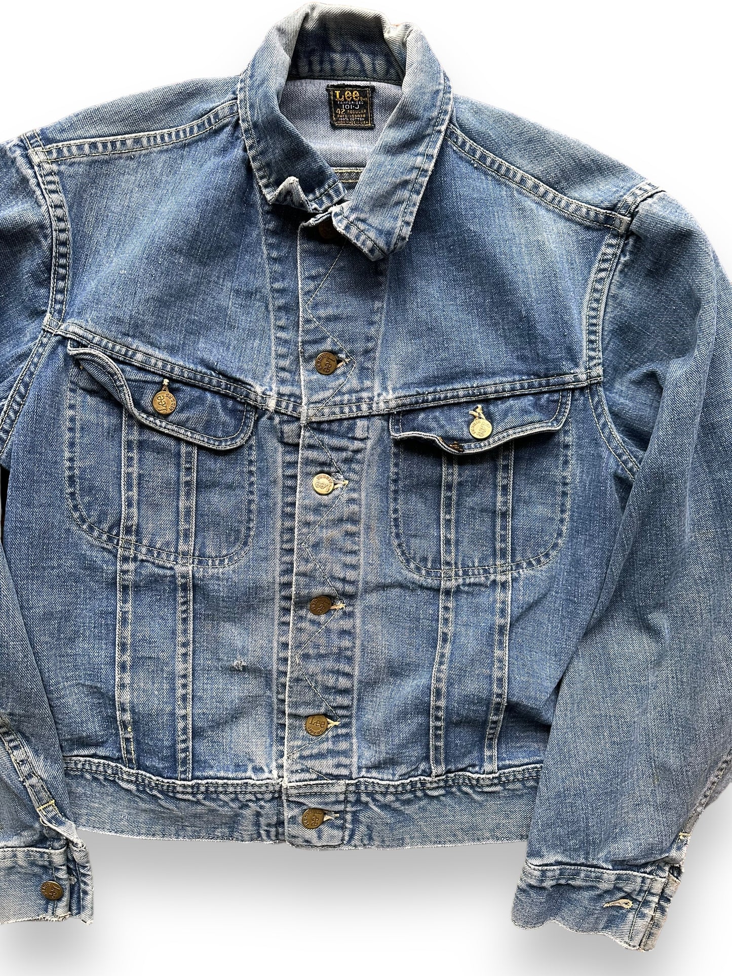 Front Detail on Vintage Lee 101-J Denim Jacket SZ 42 | Vintage Denim Workwear Seattle | Seattle Vintage Denim
