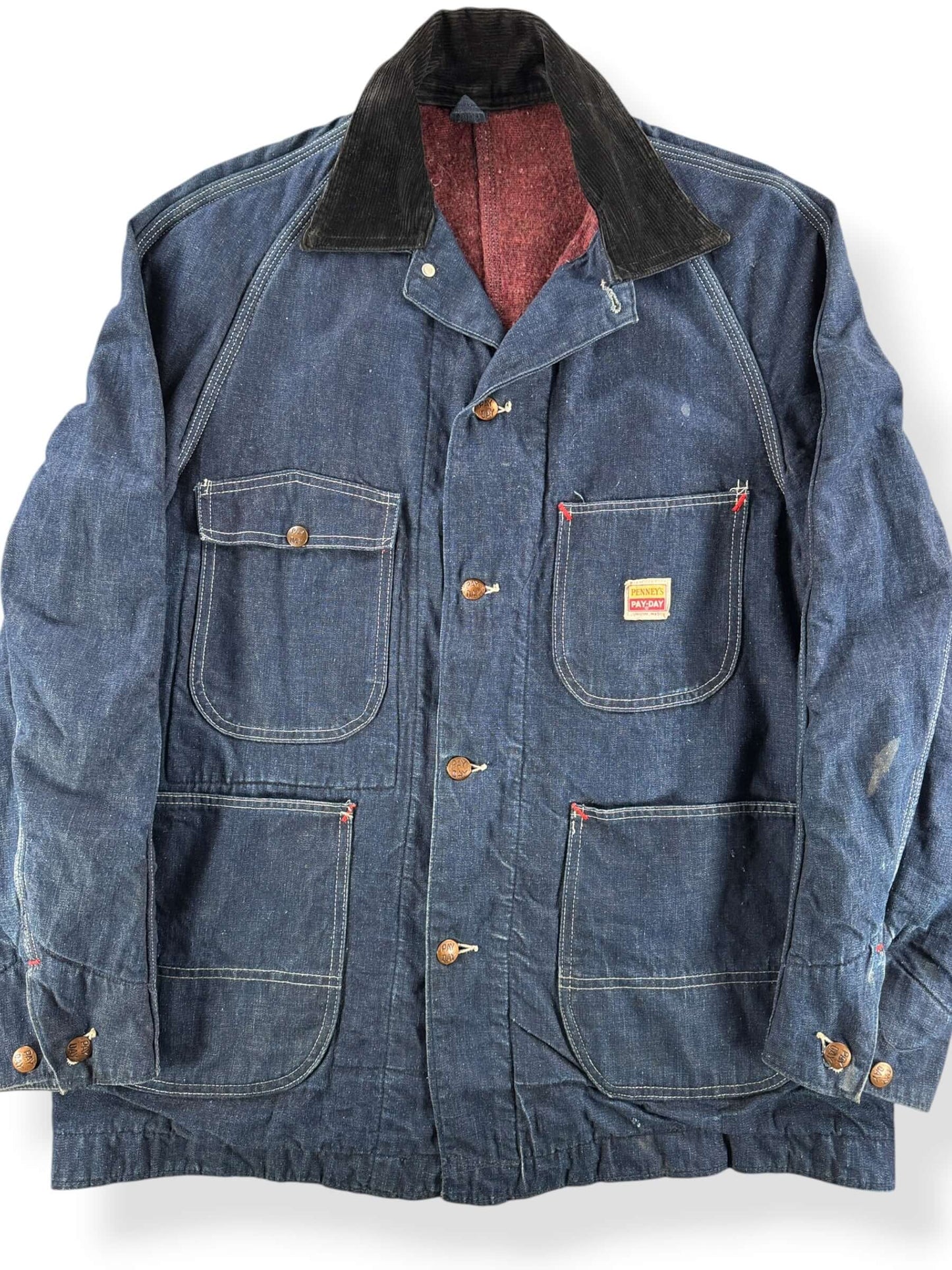 Front Close Up of Vintage Penney's Pay Day Blanket Lined Denim Chore Coat SZ 40