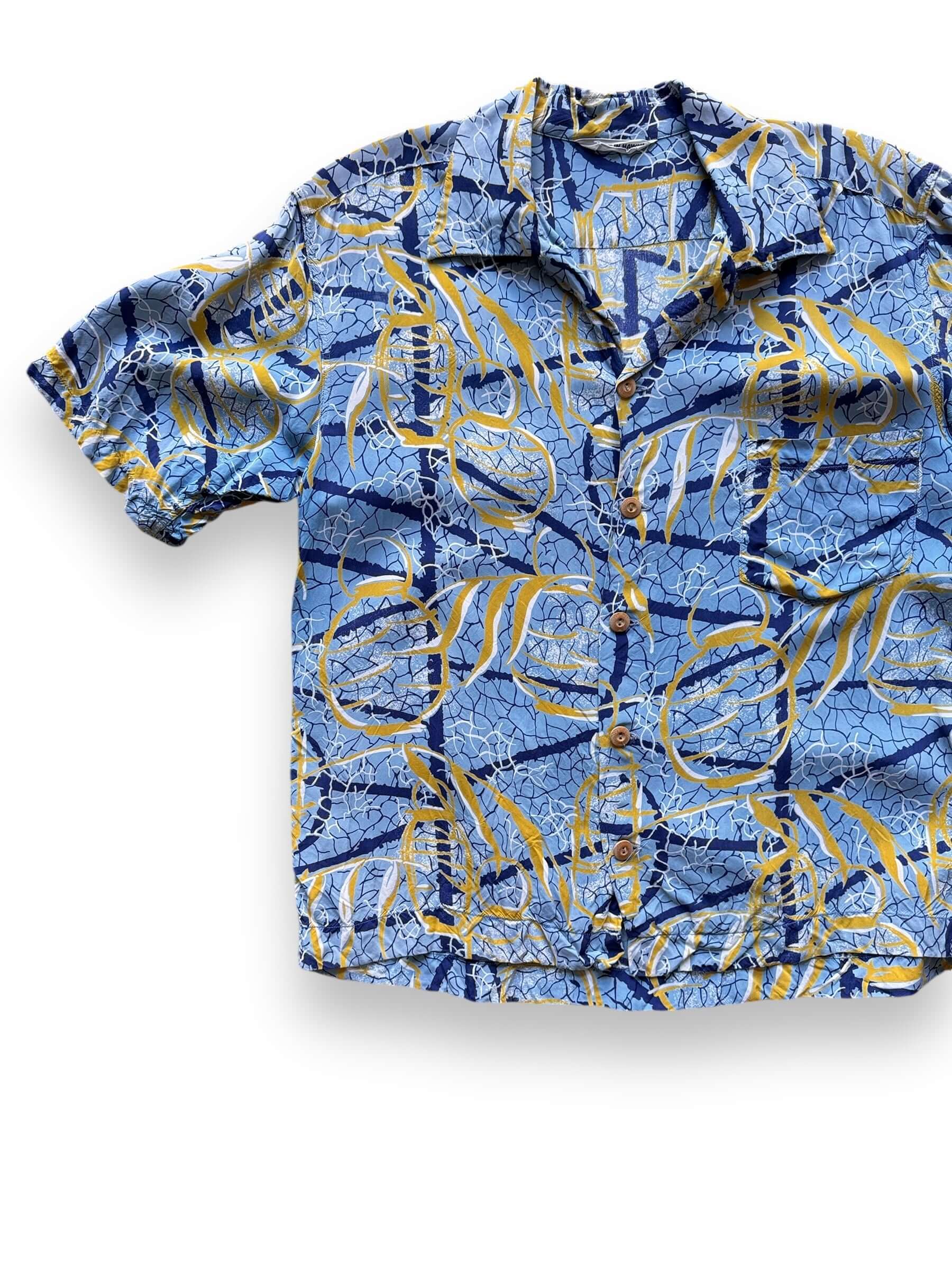 Front Left View of Vintage Blue & Gold Abstract Rayon Aloha Shirt SZ M