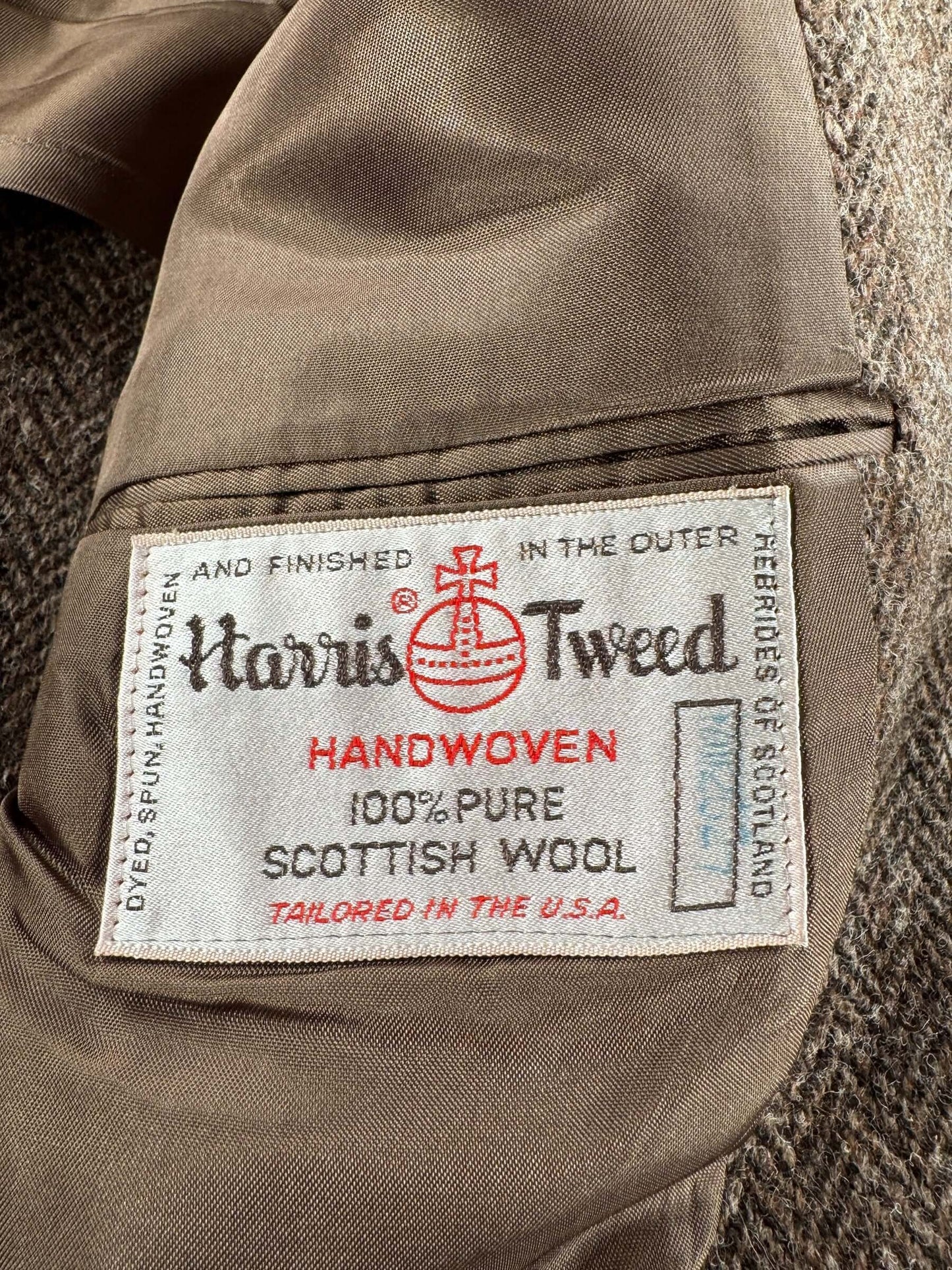 Label on Vintage Eddie Bauer X Harris Tweed Sportcoat SZ 46