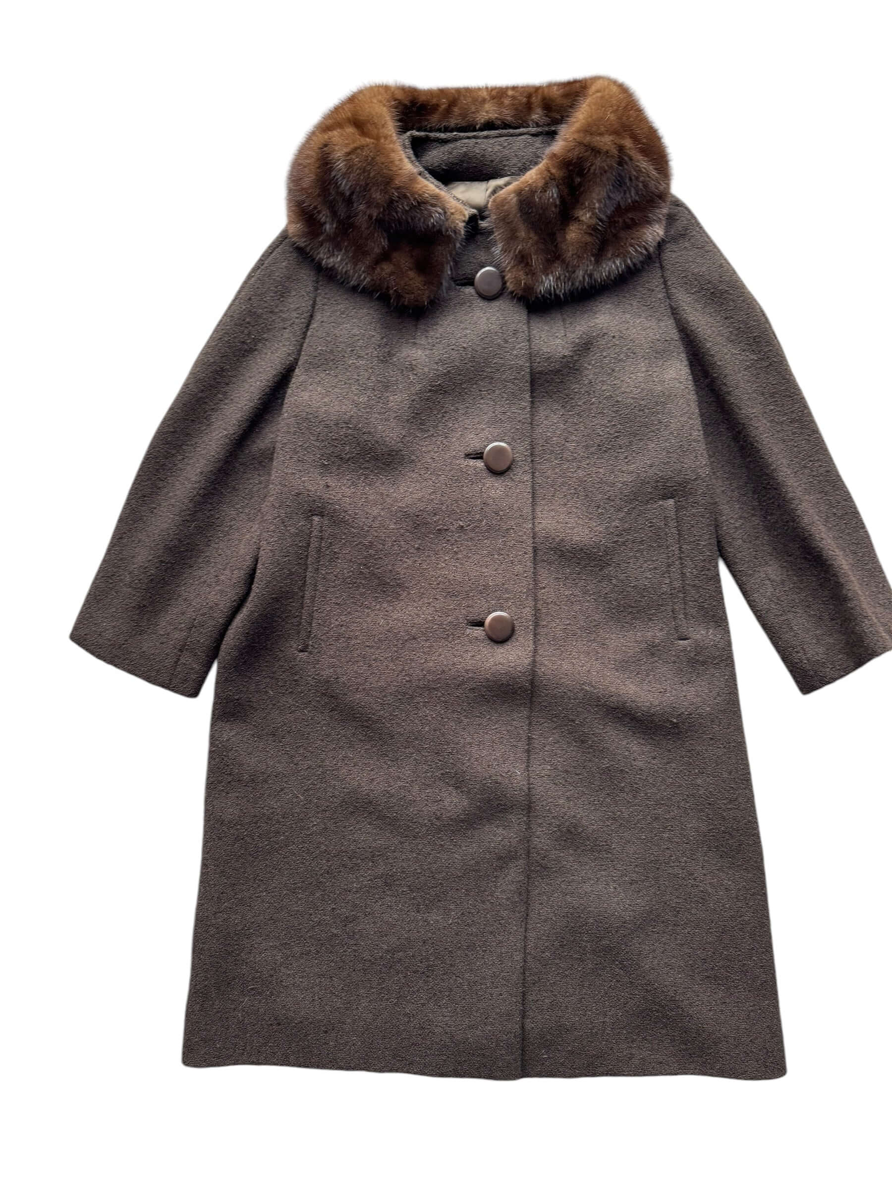 Front view of 1960s Shagmoor Brown Coat with Mink Collar M-XL
