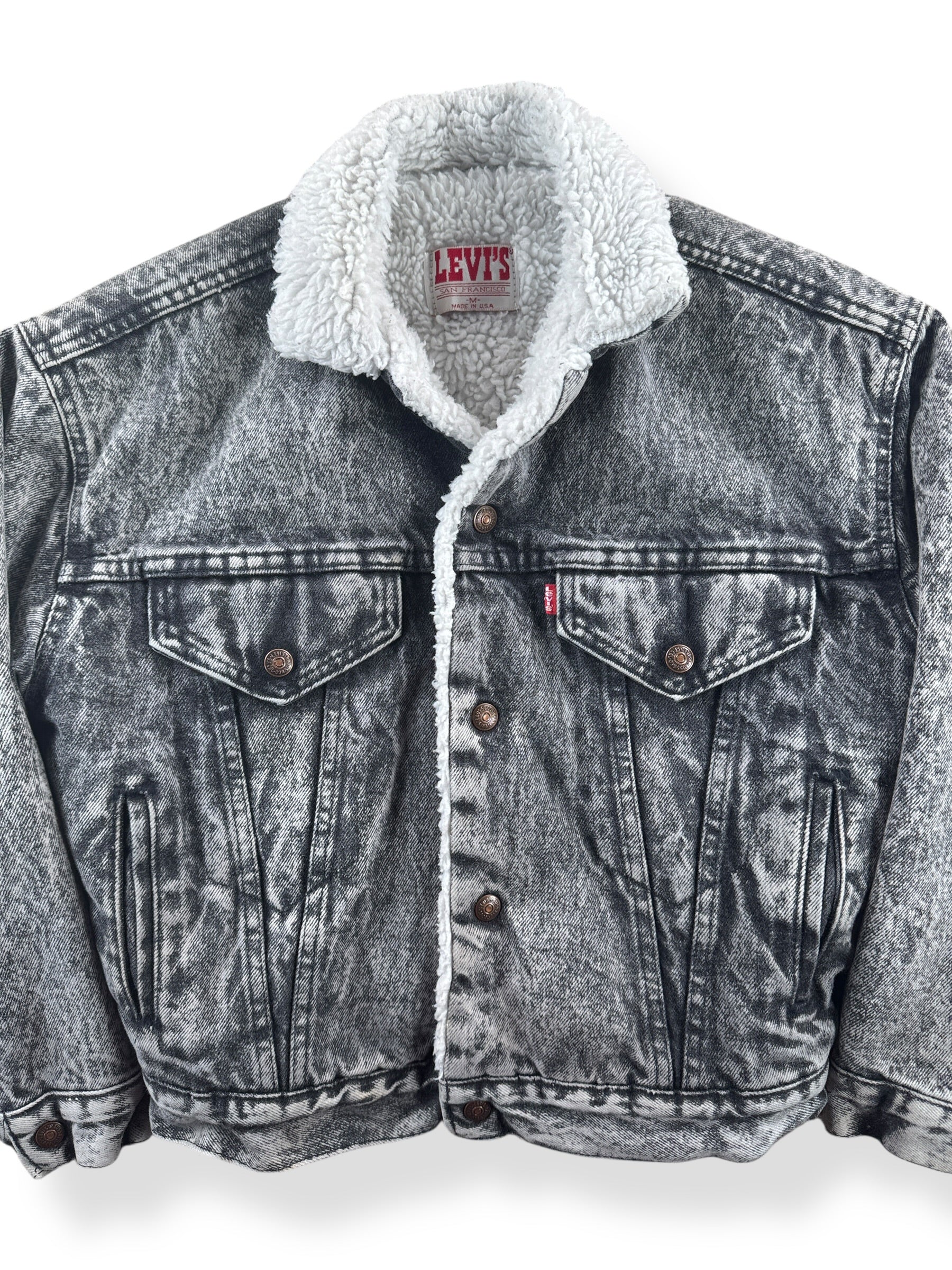 Front Close Up of Vintage Levis Grey Acid Wash Shearling Jacket SZ M (Fits S)