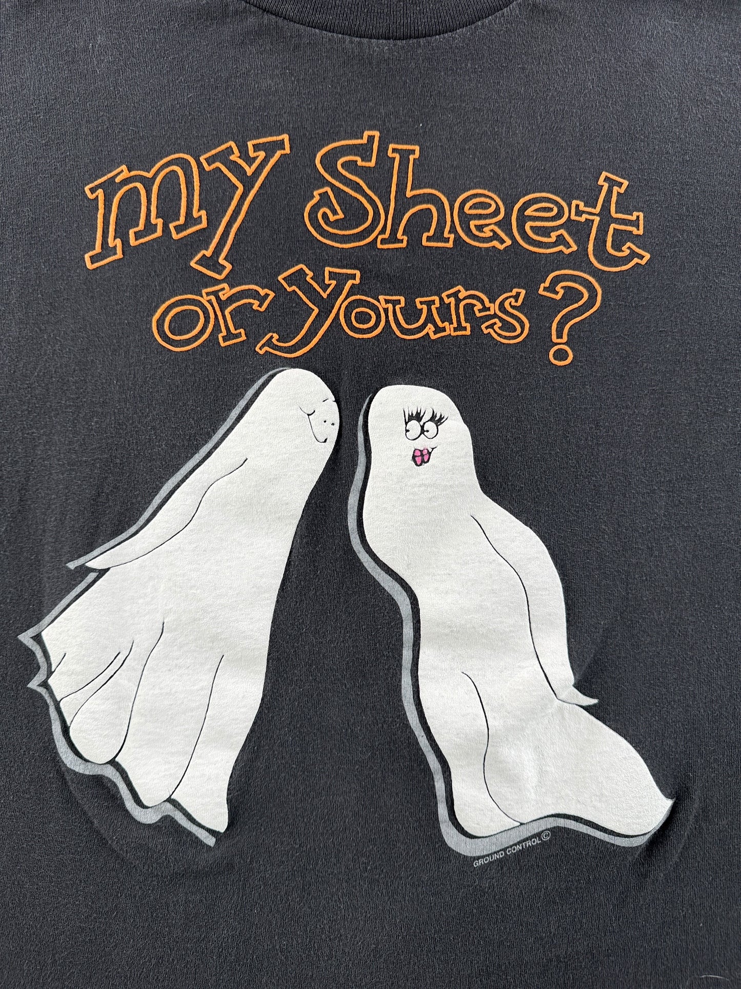 Graphic of Vintage My Sheet or Yours Halloween Tee SZ XL