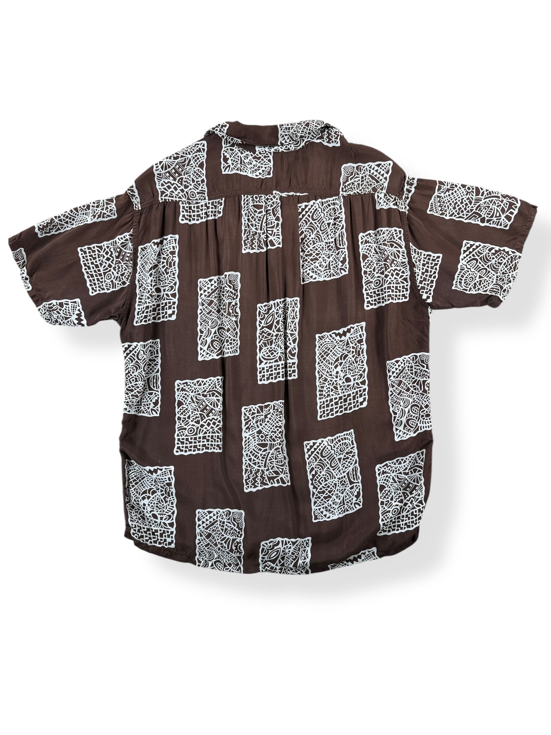 Back of Vintage Penney's Brown & White Patterned Aloha Shirt SZ M