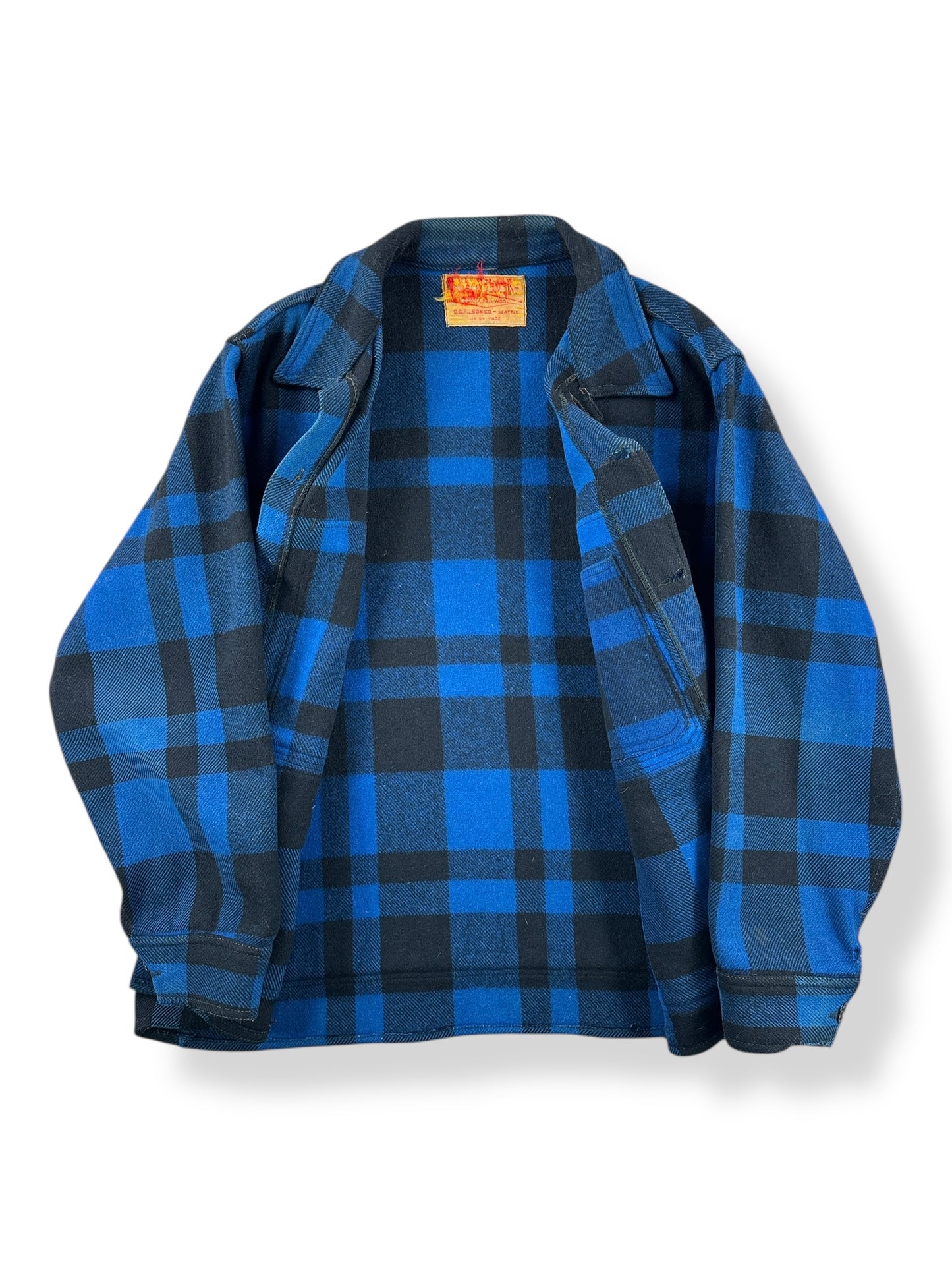 Inside of Vintage Union Made Filson Cobalt and Black Mackinaw Cruiser SZ XL