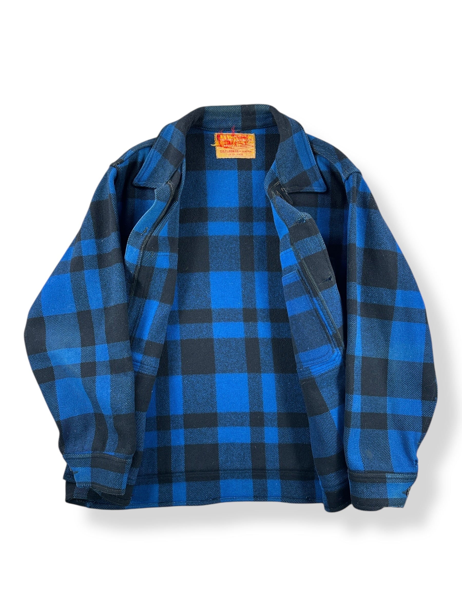 Inside of Vintage Union Made Filson Cobalt and Black Mackinaw Cruiser SZ XL