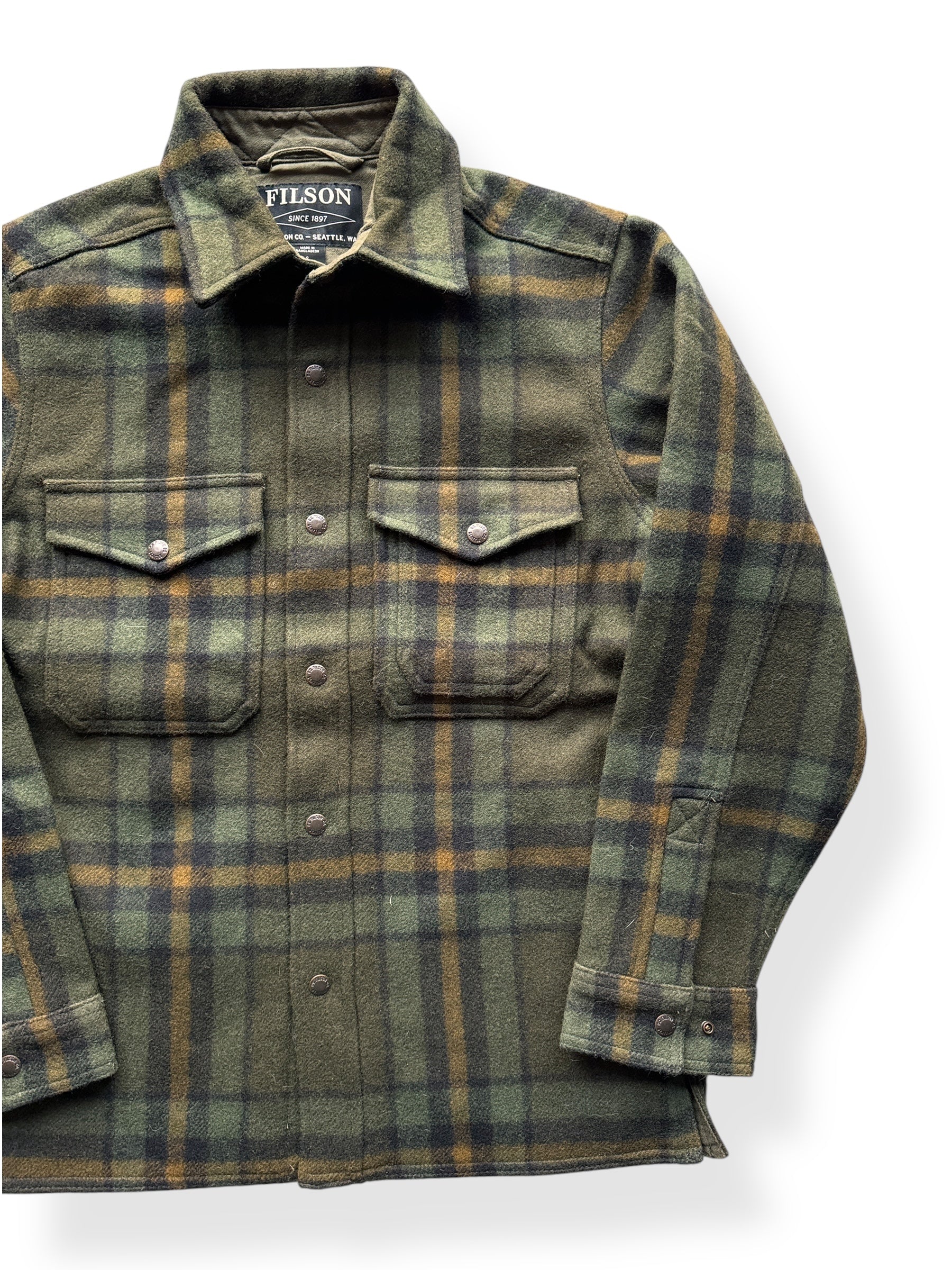 Front Left of Filson Green Black Lined Jac Shirt SZ S