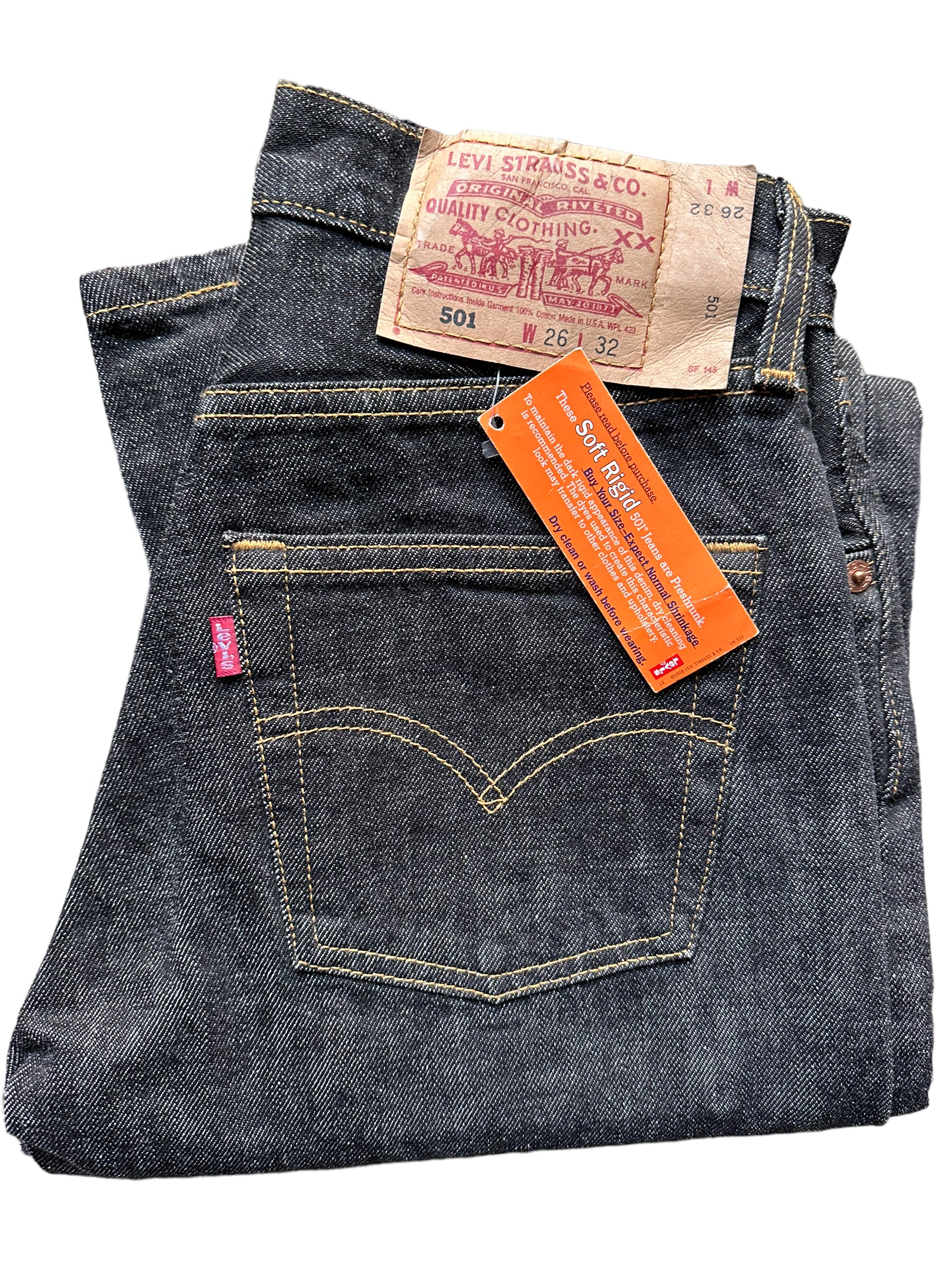 Folded view of Deadstock 90s USA Levi's 501 Black Jeans 26x33 | Seattle Deadstock Vintage Jeans | Barn Owl Vintage Denim