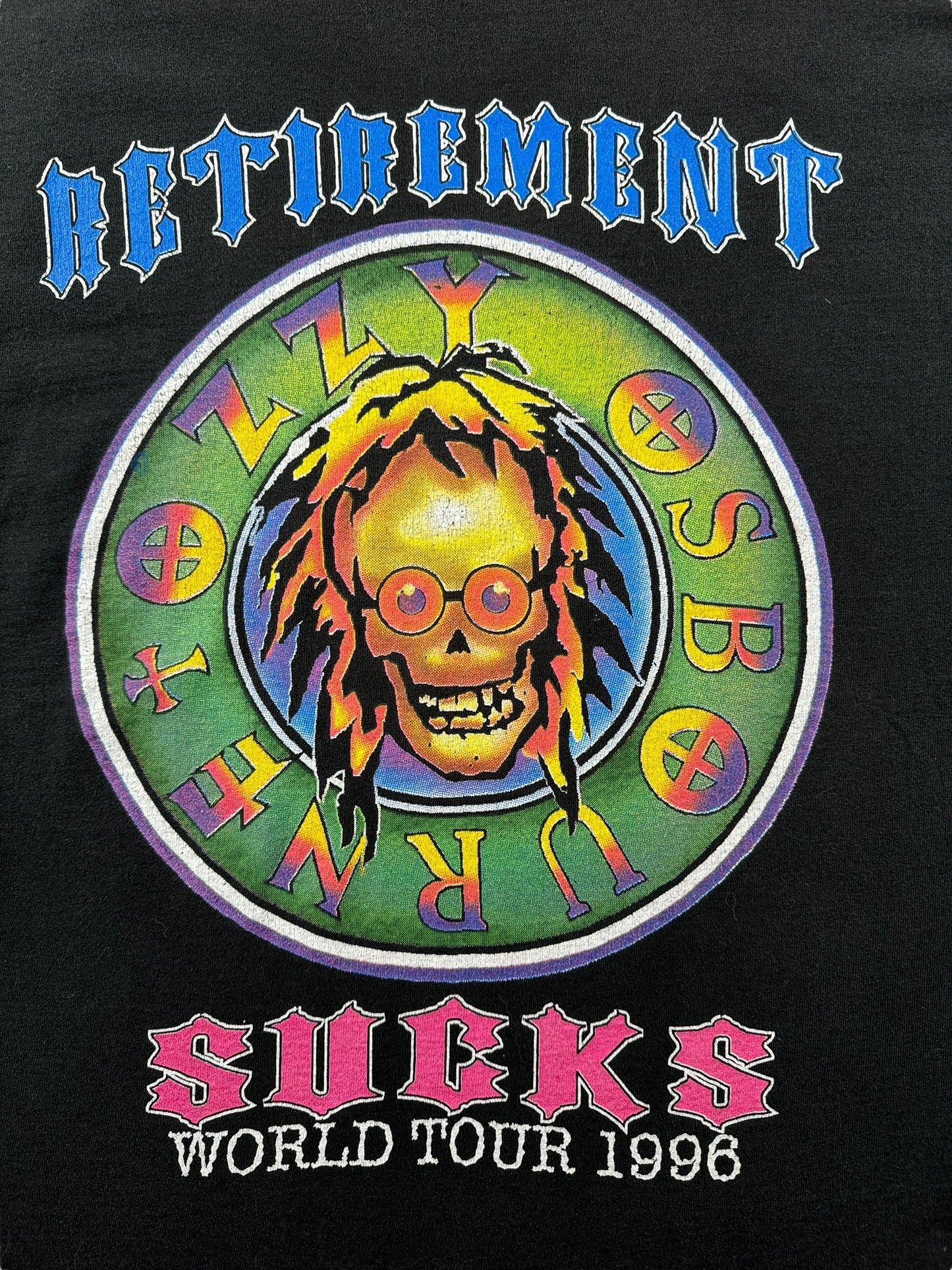 Graphic on Vintage Ozzy Retirement Sucks 1996 Tour Tee SZ XL