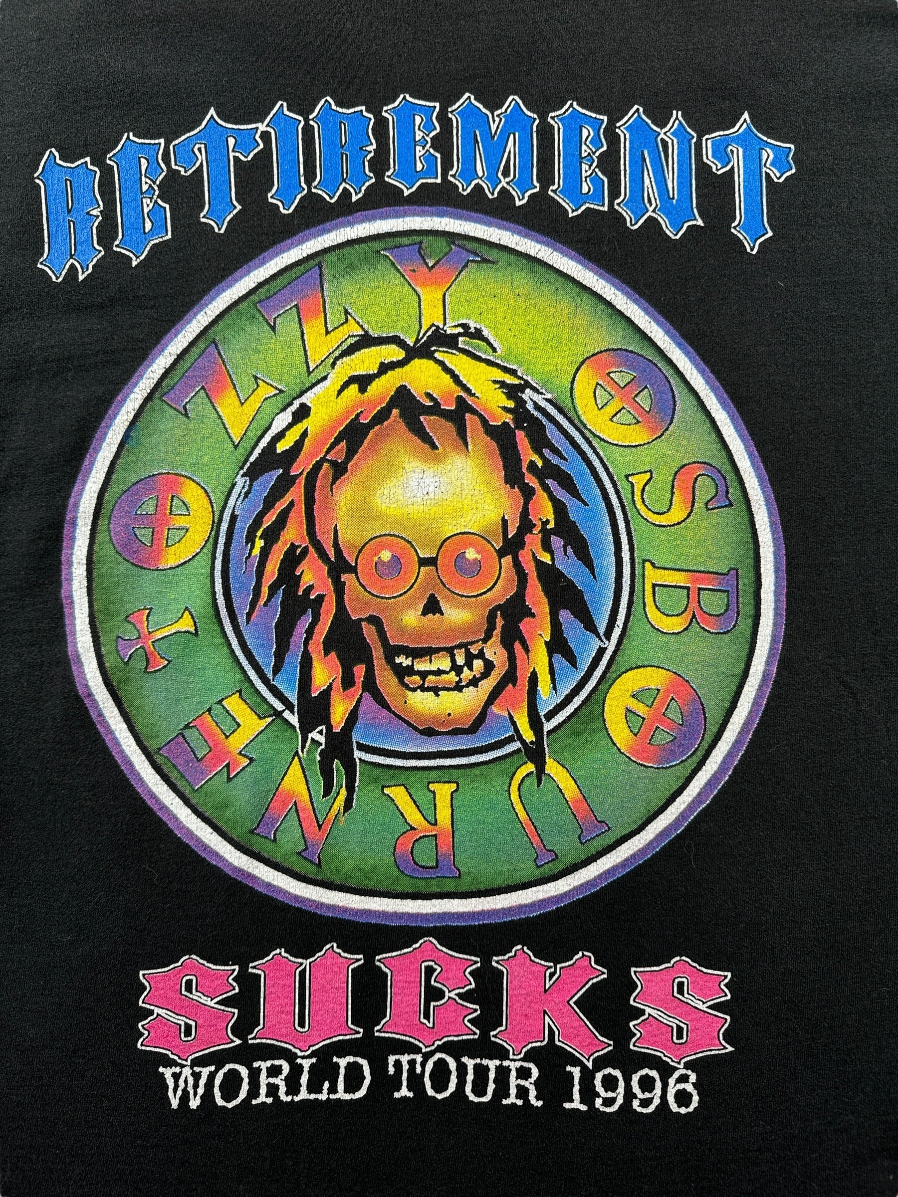 Graphic on Vintage Ozzy Retirement Sucks 1996 Tour Tee SZ XL