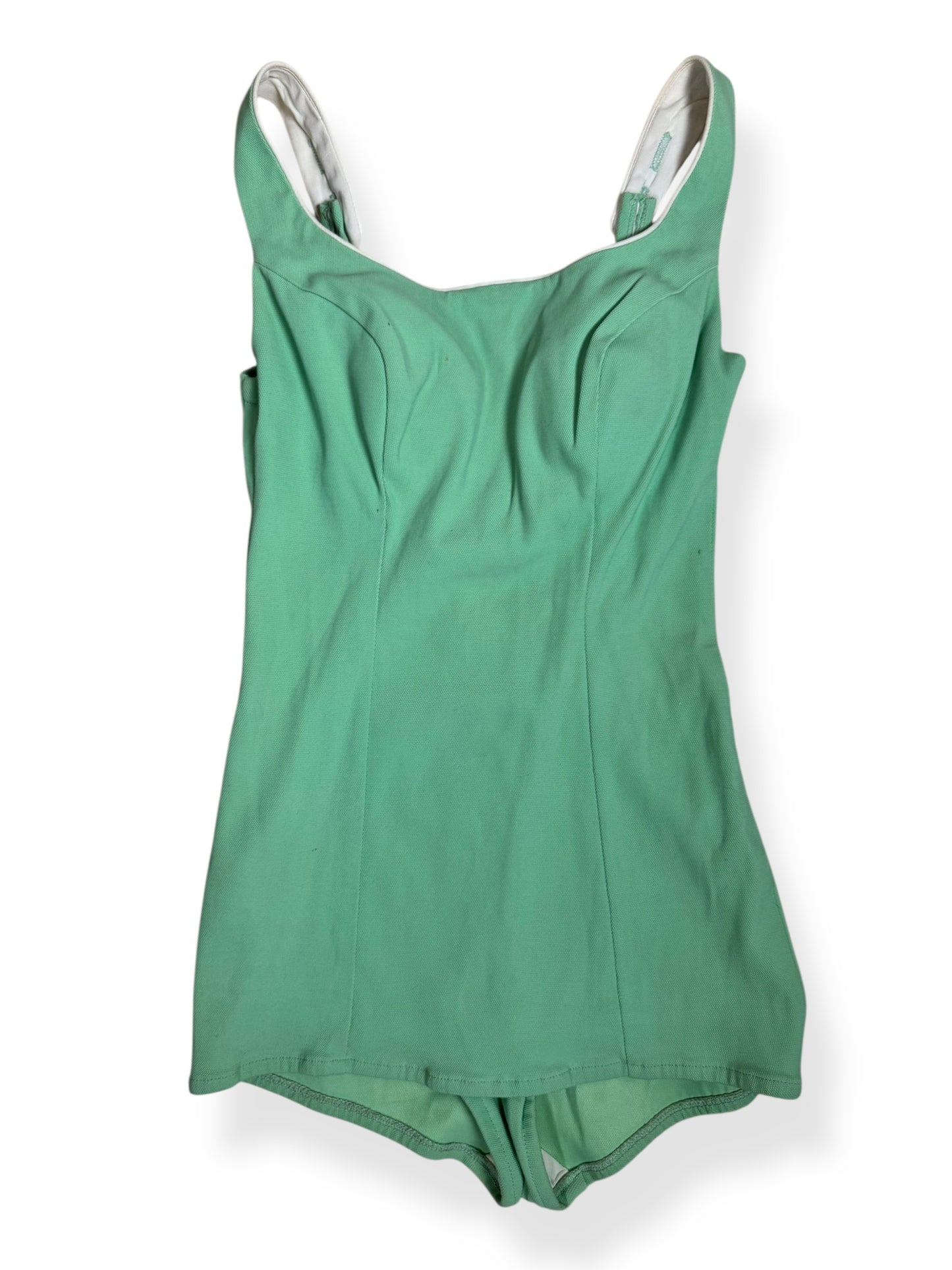 Front view of 1960s Minty Green One Piece Bathing Suit XS-S