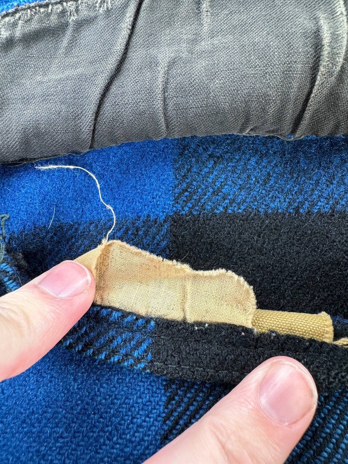 Union Tag on Vintage Union Made Filson Cobalt and Black Mackinaw Cruiser SZ XL