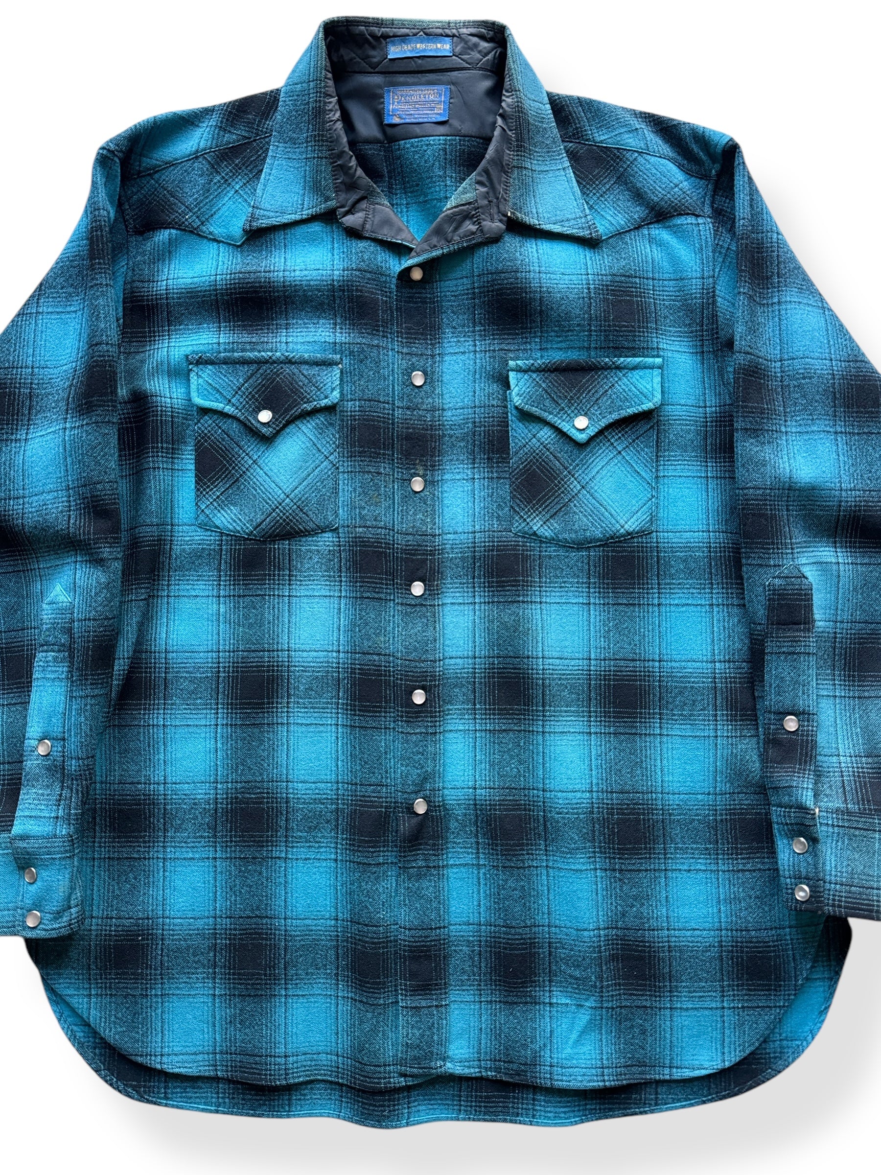 Front Close Up of Vintage Pendleton High Grade Western Wear Light Blue Shadow Plaid SZ XL