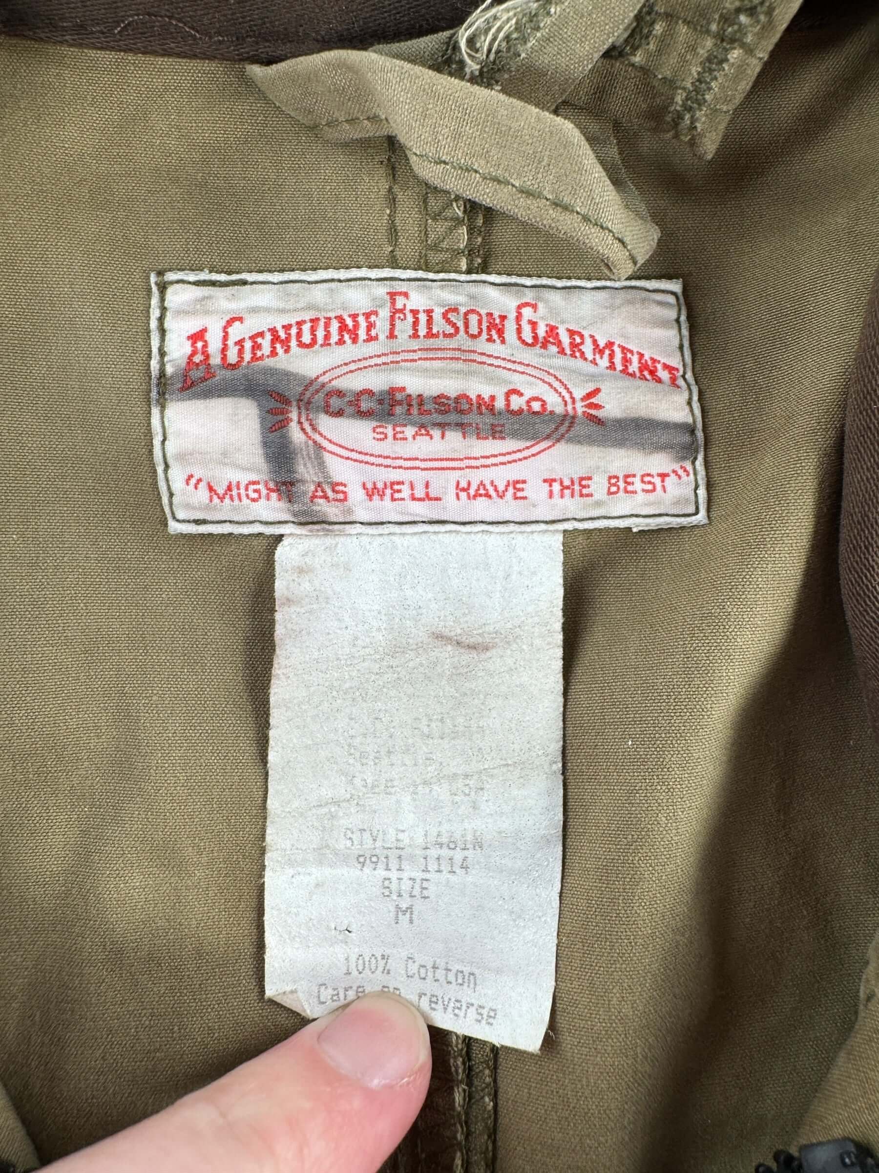Label on Vintage Filson Shelter Cloth Waxed Cotton Packer Jacket SZ M AS IS