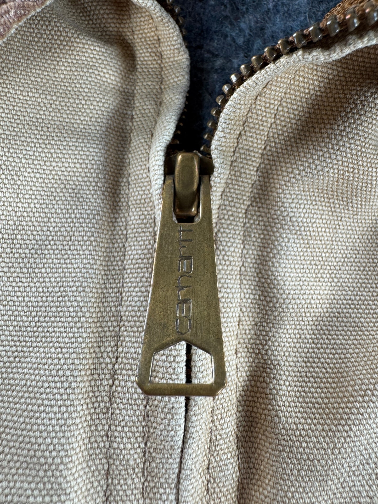 Zipper on Vintage Tan Carhartt Detroit Jacket SZ 46