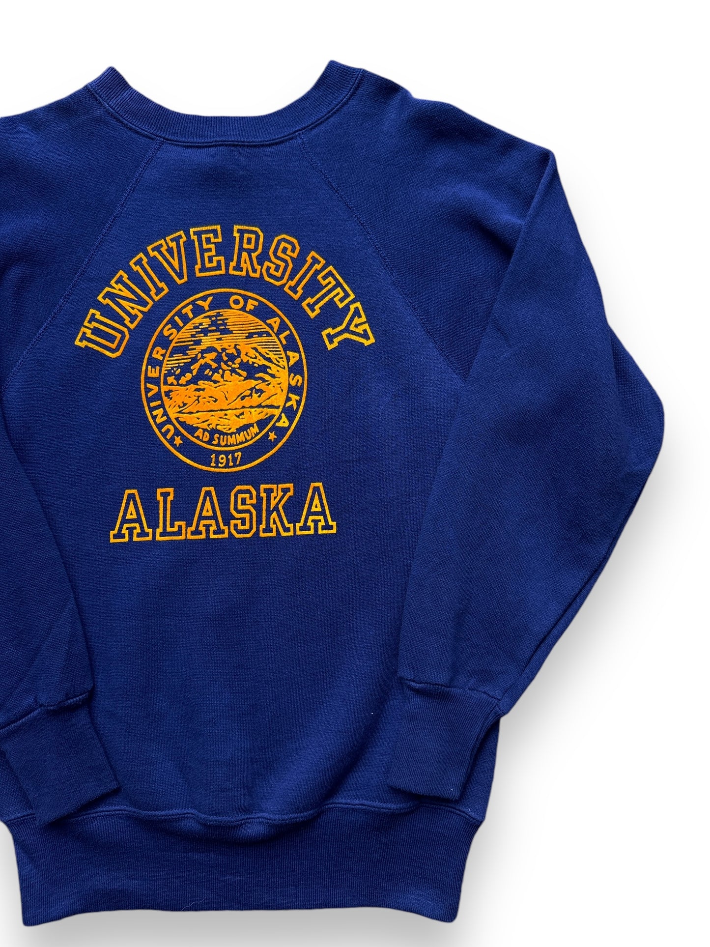 front left of Vintage University of Alaska Flocked Crewneck SZ XS