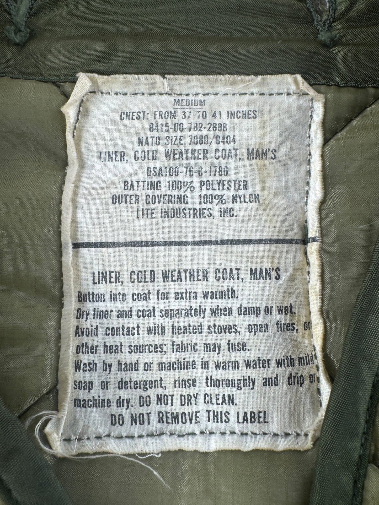 Label on Vintage Vietnam Era Military Liner Jacket SZ M