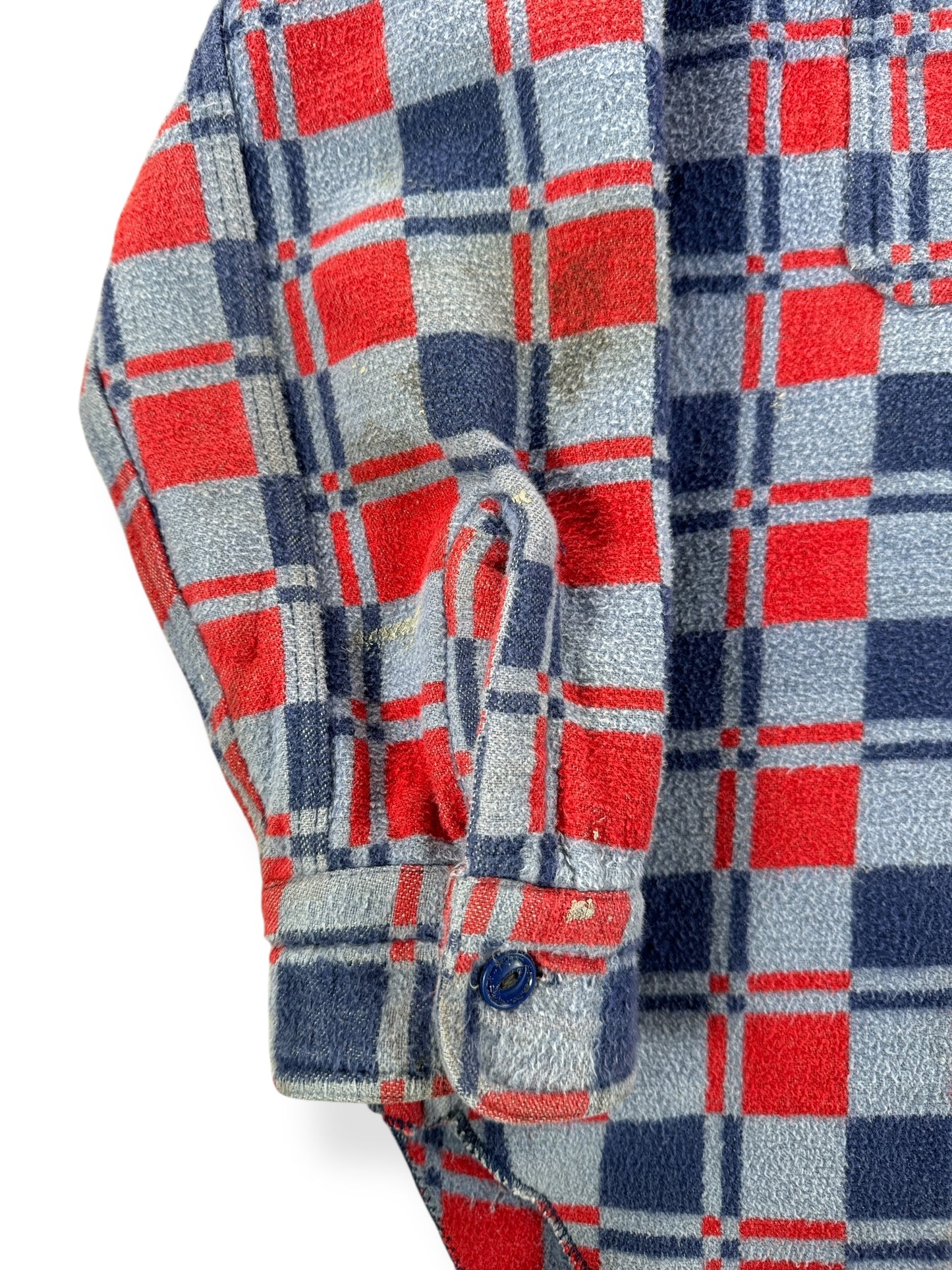 Sleeve Stains on Vintage Red & Blue Champion Cotton Camp Blanket Flannel SZ M