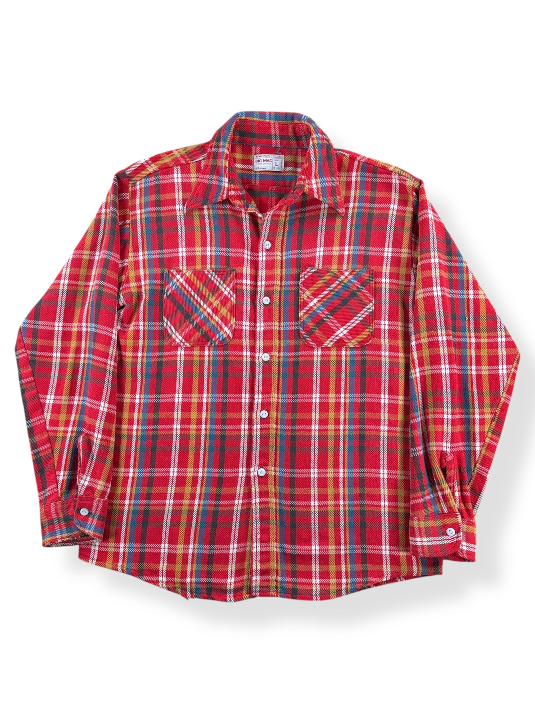 Front of Vintage 70s Era Red Blue Gold Big Mac Cotton Flannel SZ L