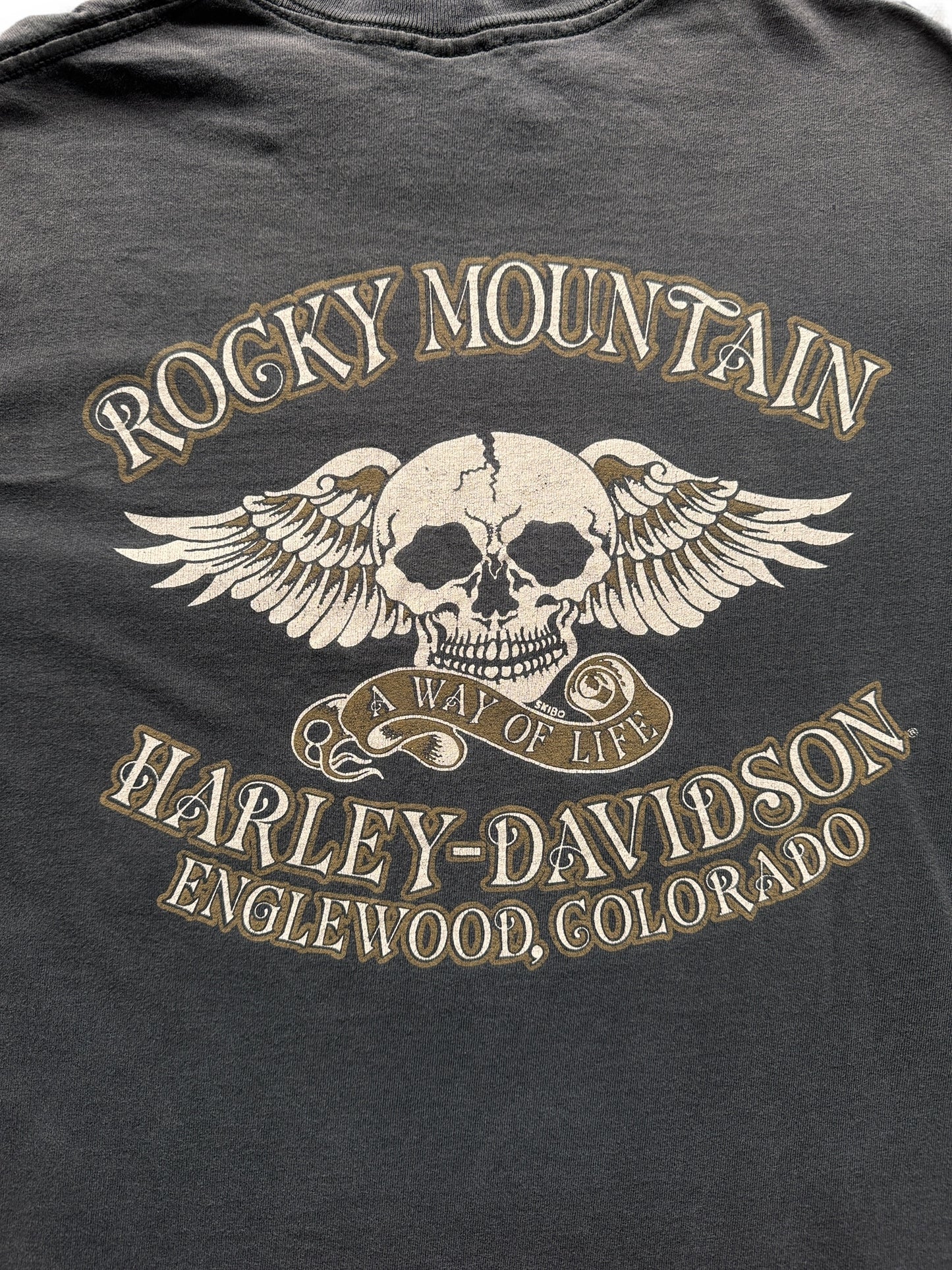 back graphic of Vintage Faded Rocky Mountain Harley Pocket Tee SZ L