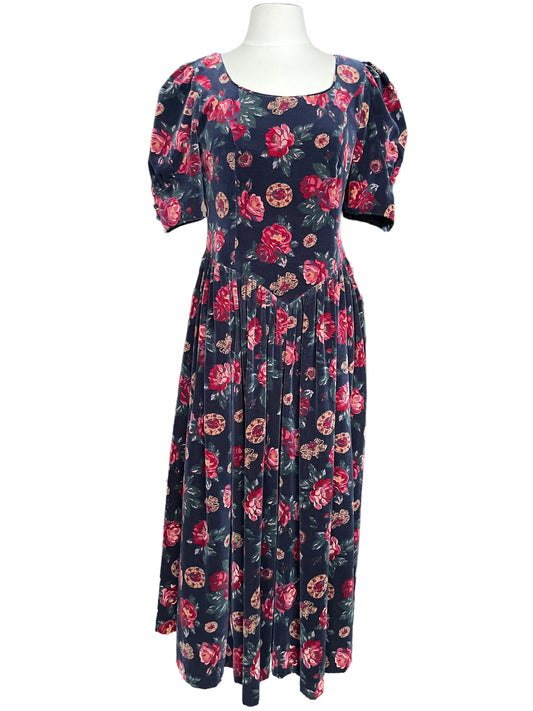 Full front view of Vintage 1980s Laura Ashley Floral Velvet Dress | Seattle True Vintage Dresses | Barn Owl Vintage Ladies