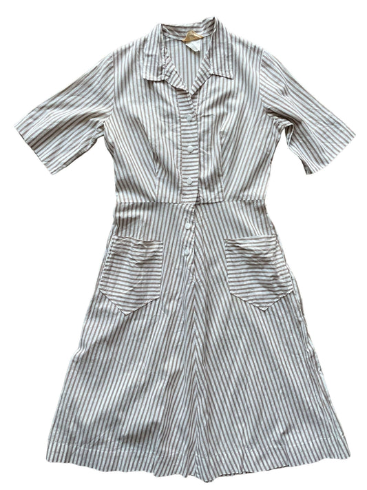 Full front view of 1950s Brentwood Brown & White Striped Day Dress M-L