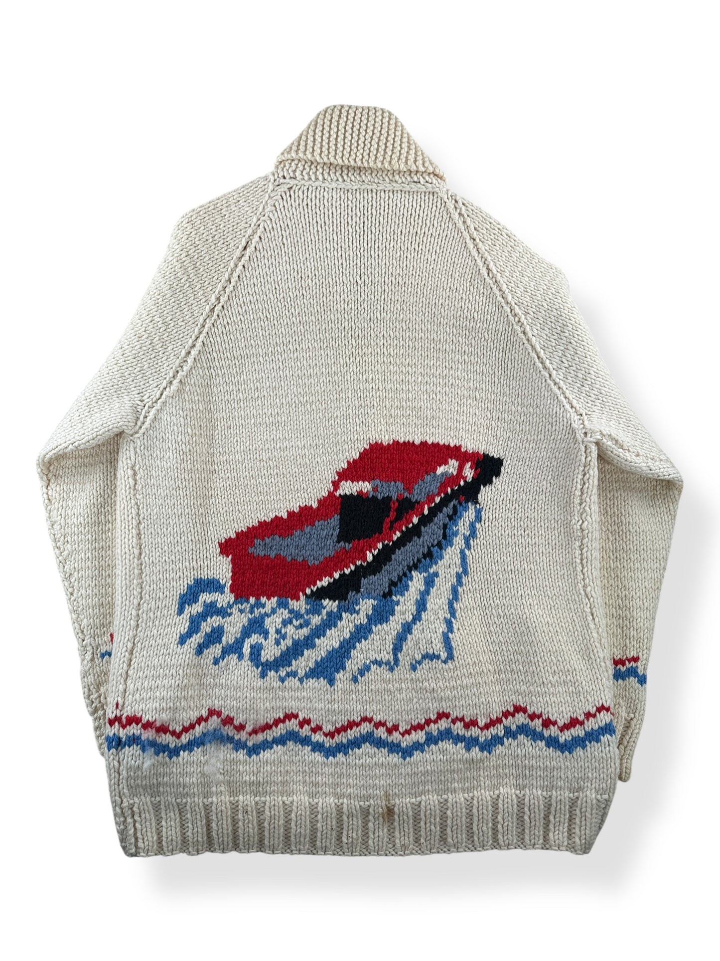 Back of Vintage Hi-Ball Power Boat Cowichan Style Sweater SZ L