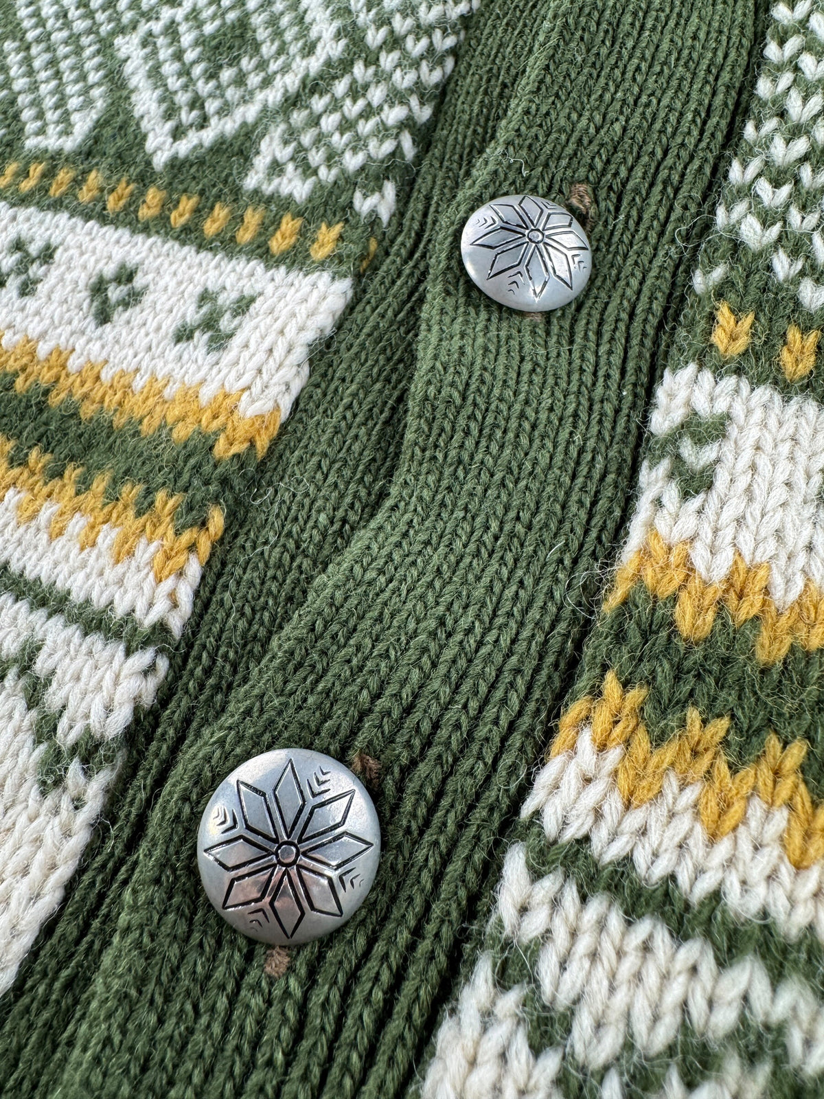 Buttons on Vintage Green & Mustard Norwegian Wool Cardigan SZ M