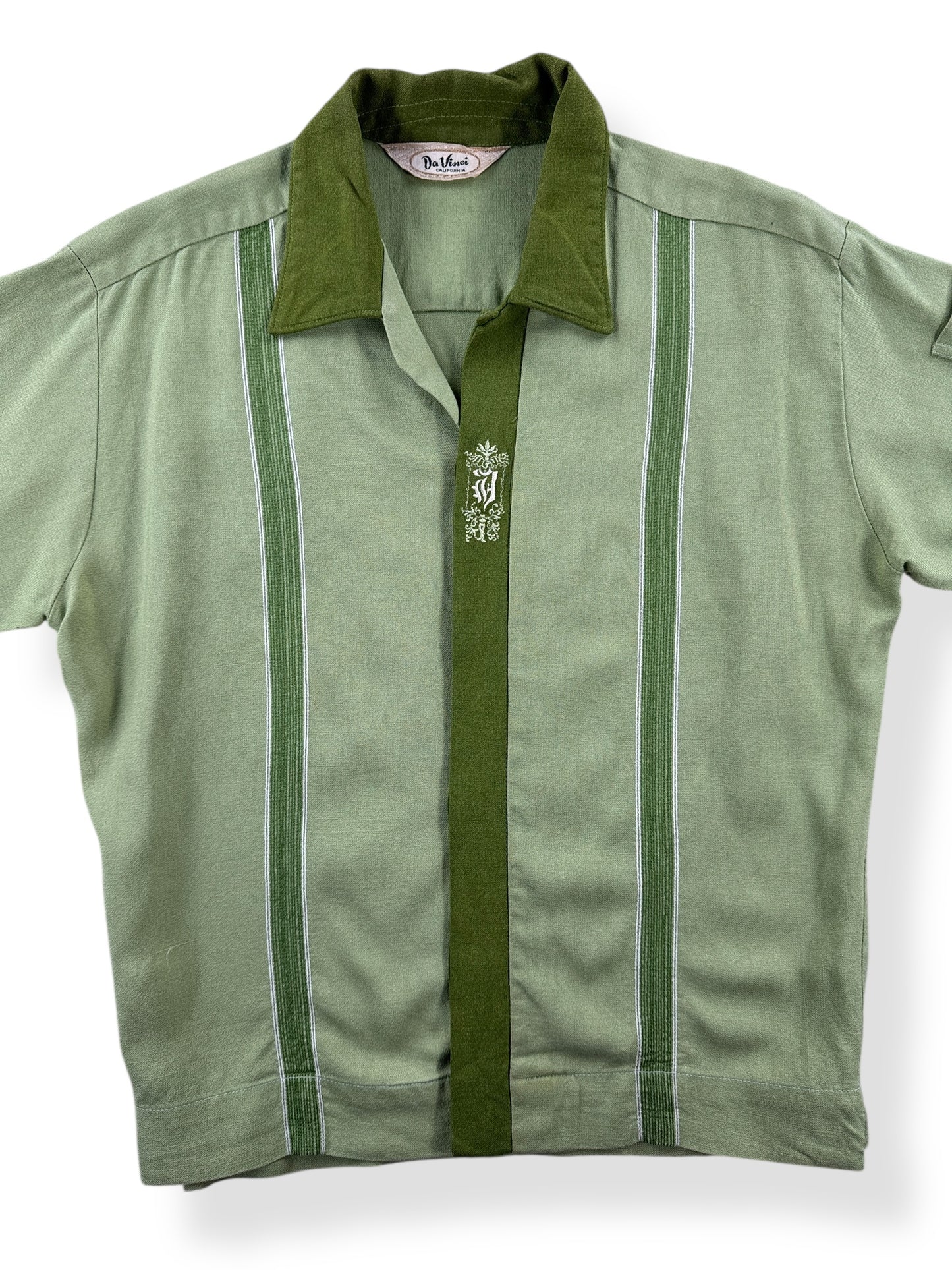 Front Close Up of Vintage Davinci Green Two Tone Loop Collar Shirt SZ M