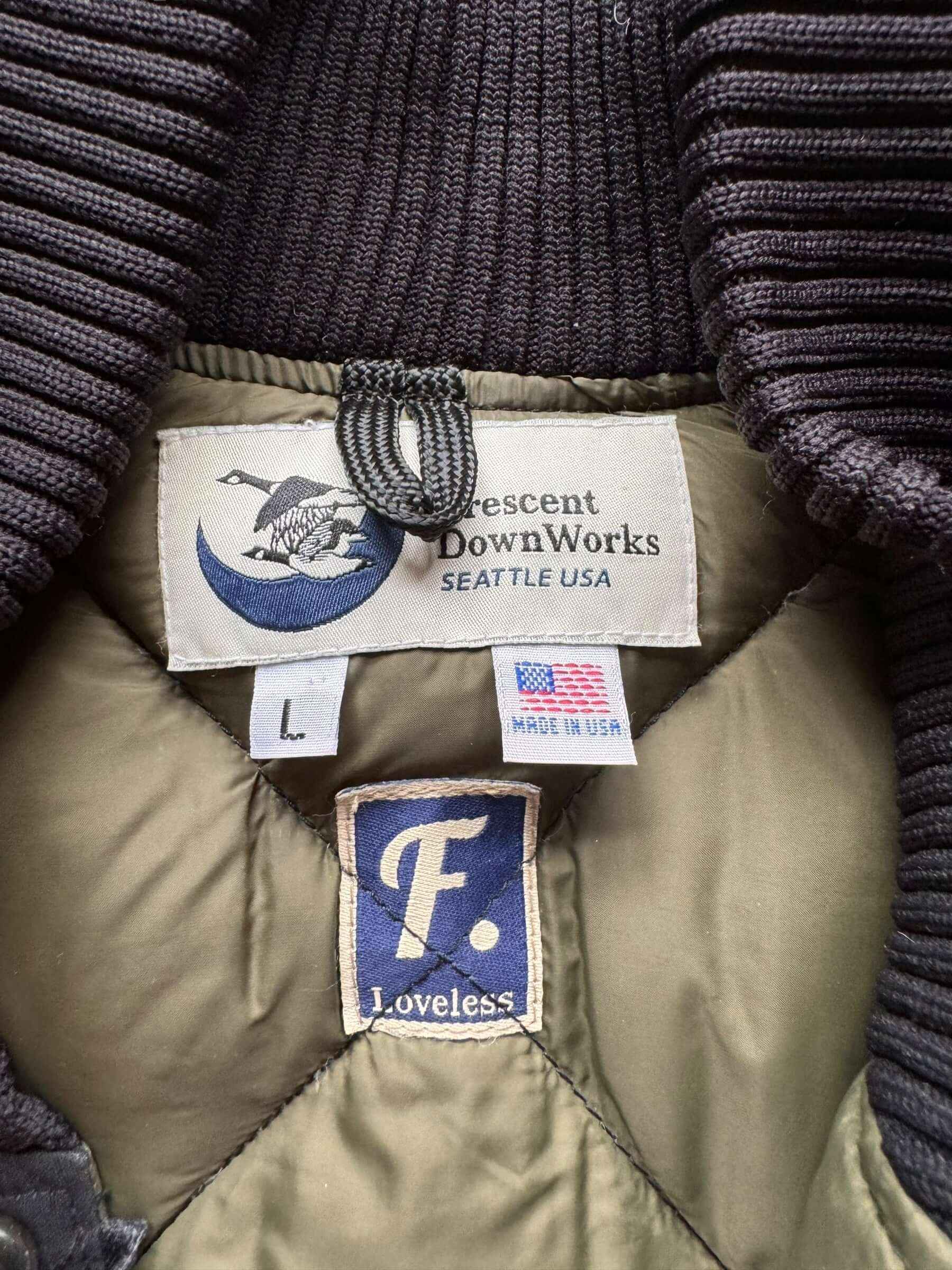 tag on Crescent Down Works Freeman Seattle Quilted Down Jacket SZ L