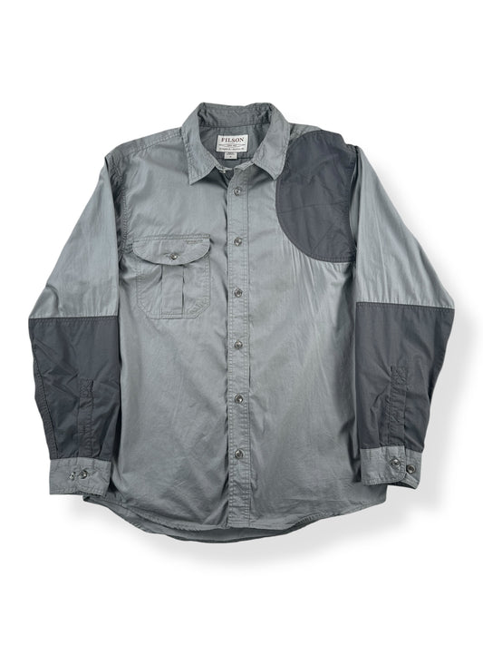 Front of Filson Light Olive Left Handed Light Shooting Shirt SZ M