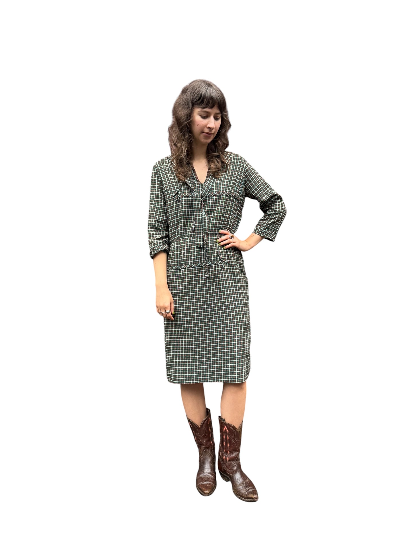 Model view of 1940s Plaid Viyella Wool Dress S-M