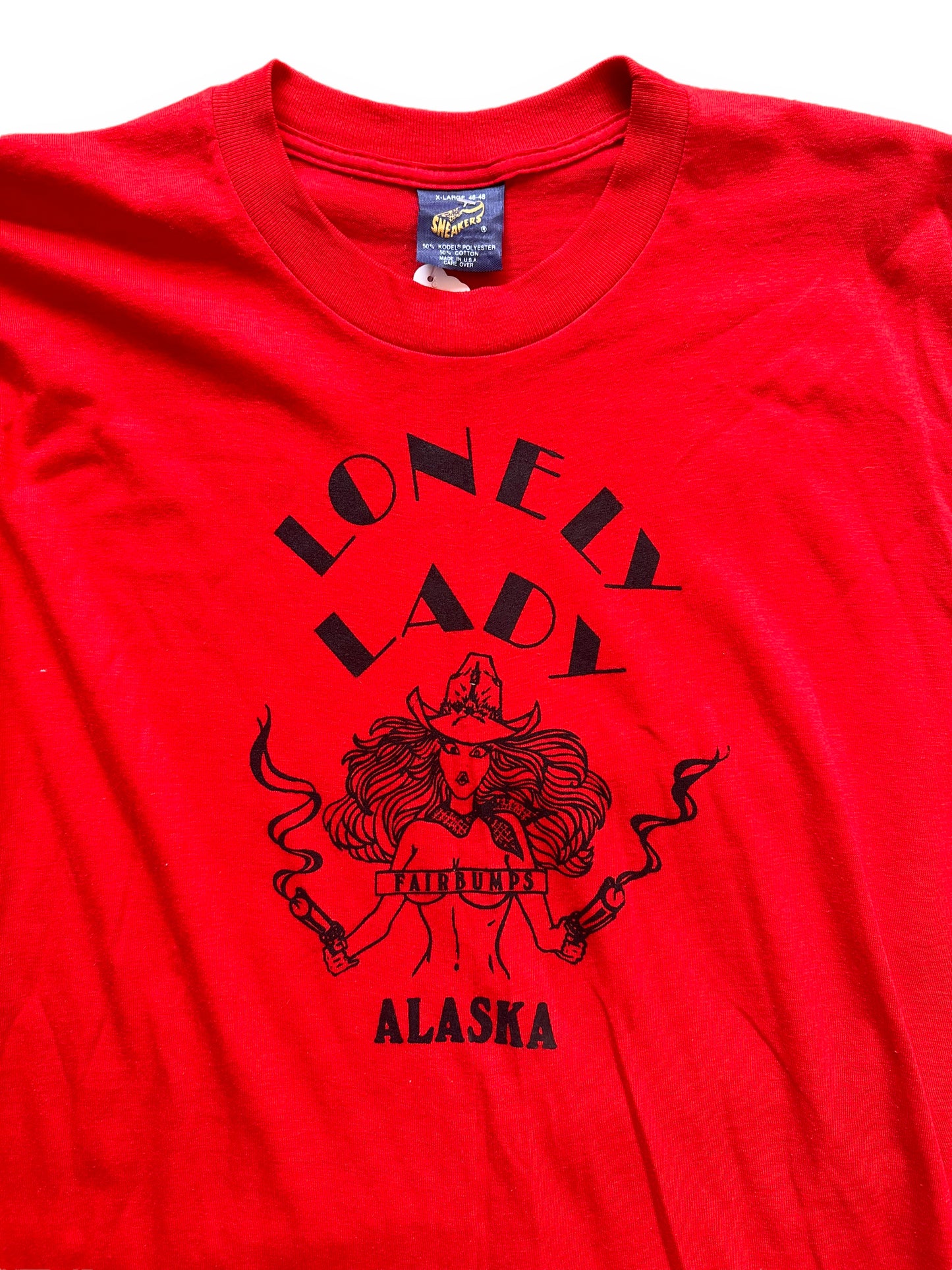 Front Graphic Close Up and Tag on Vintage Lonely Lady Fairbanks Alaska Tee SZ XL |  Vintage Fairbanks Alaska Gentlemans Club Tee | Vintage Clothing Seattle