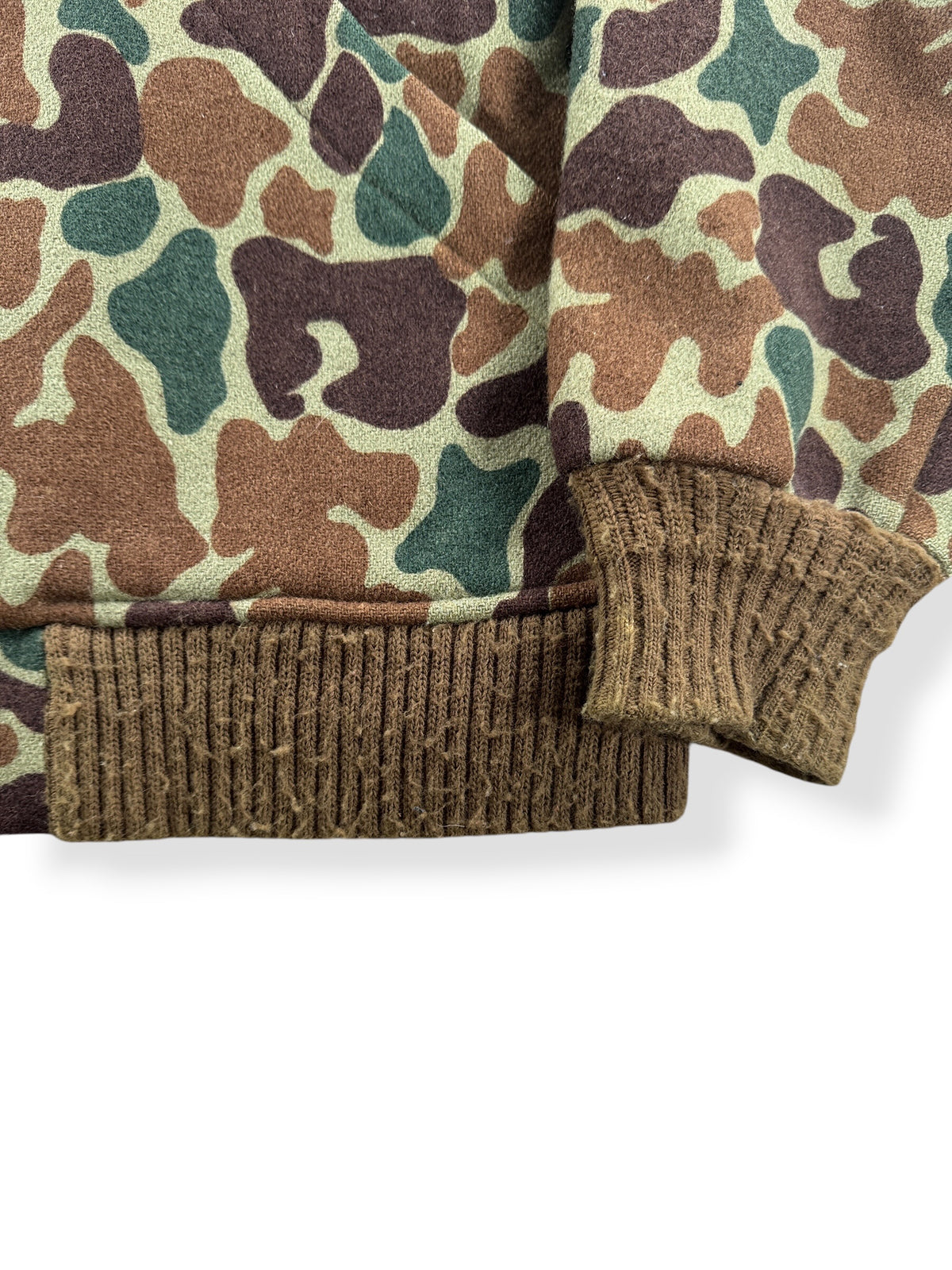 Pilling on cuffs and hem of Vintage Woolrich Duck Camo Bomber Jacket SZ M