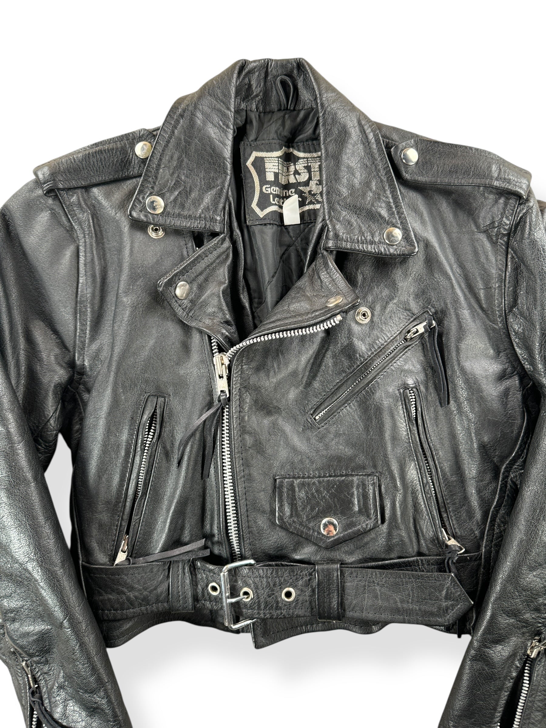 Front Close Up of Vintage Womens 1980s First Leather Motorcycle Jacket SZ S