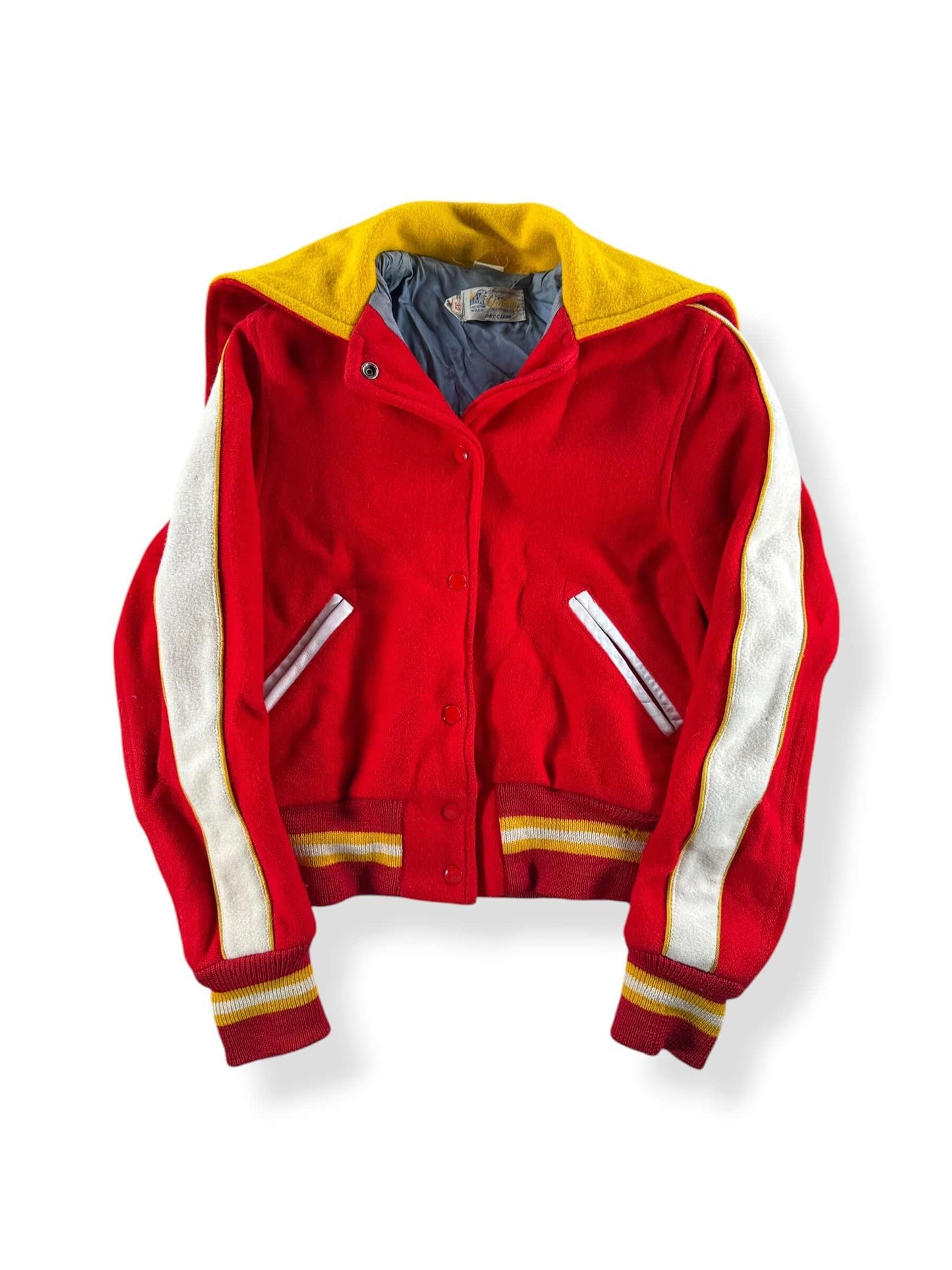 Front of Vintage Quality Knitting Company Blank Hooded Varsity Jacket SZ 32