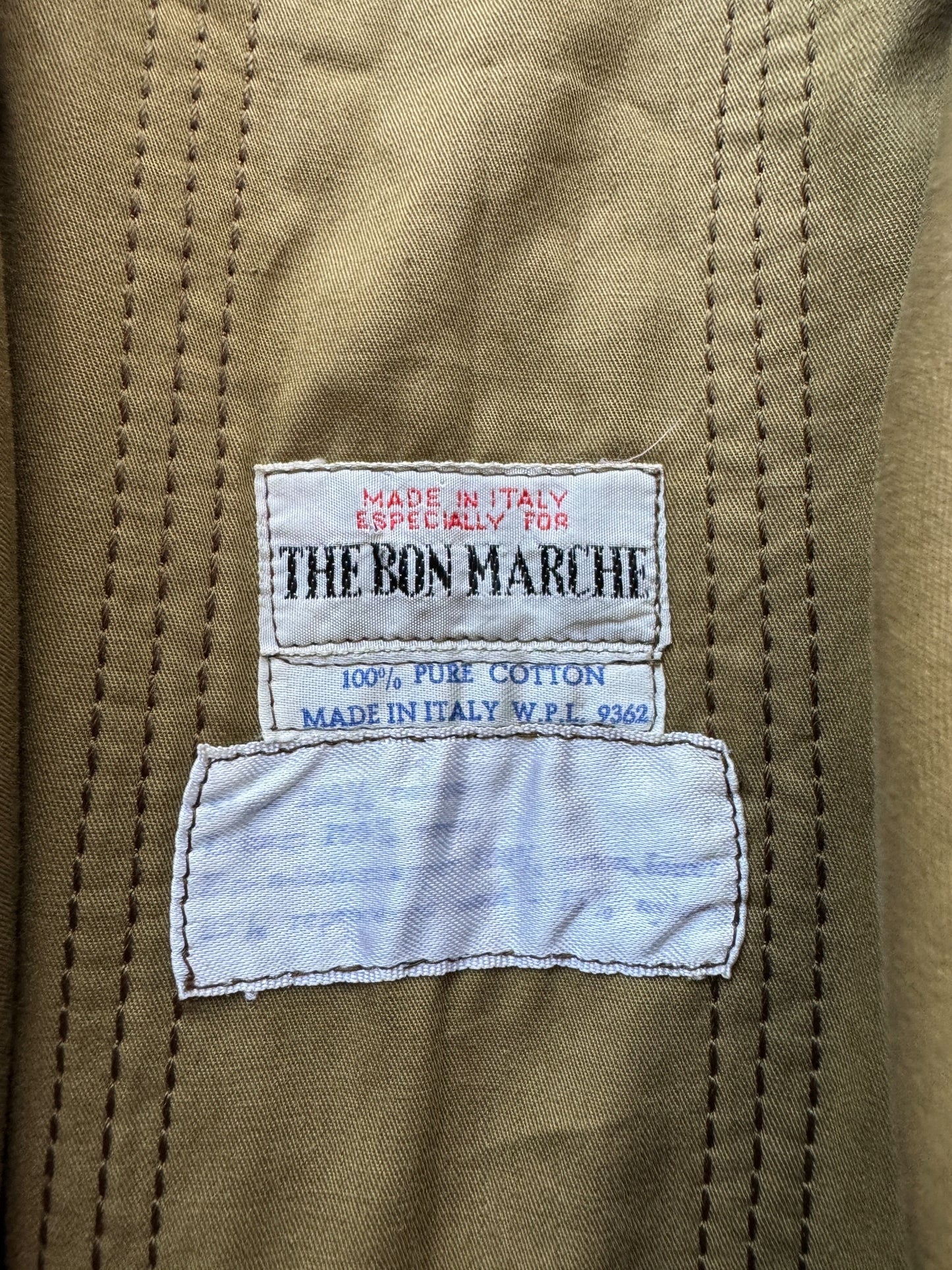Label on Vintage 70s Bon Marche Trench Coat SZ XL