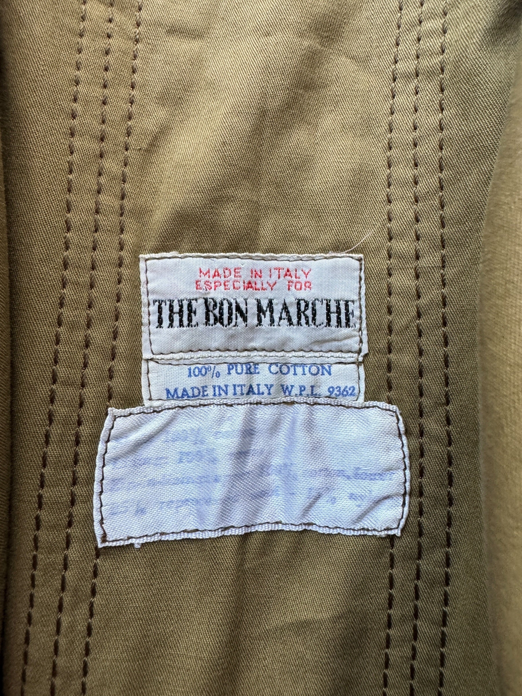 Label on Vintage 70s Bon Marche Trench Coat SZ XL