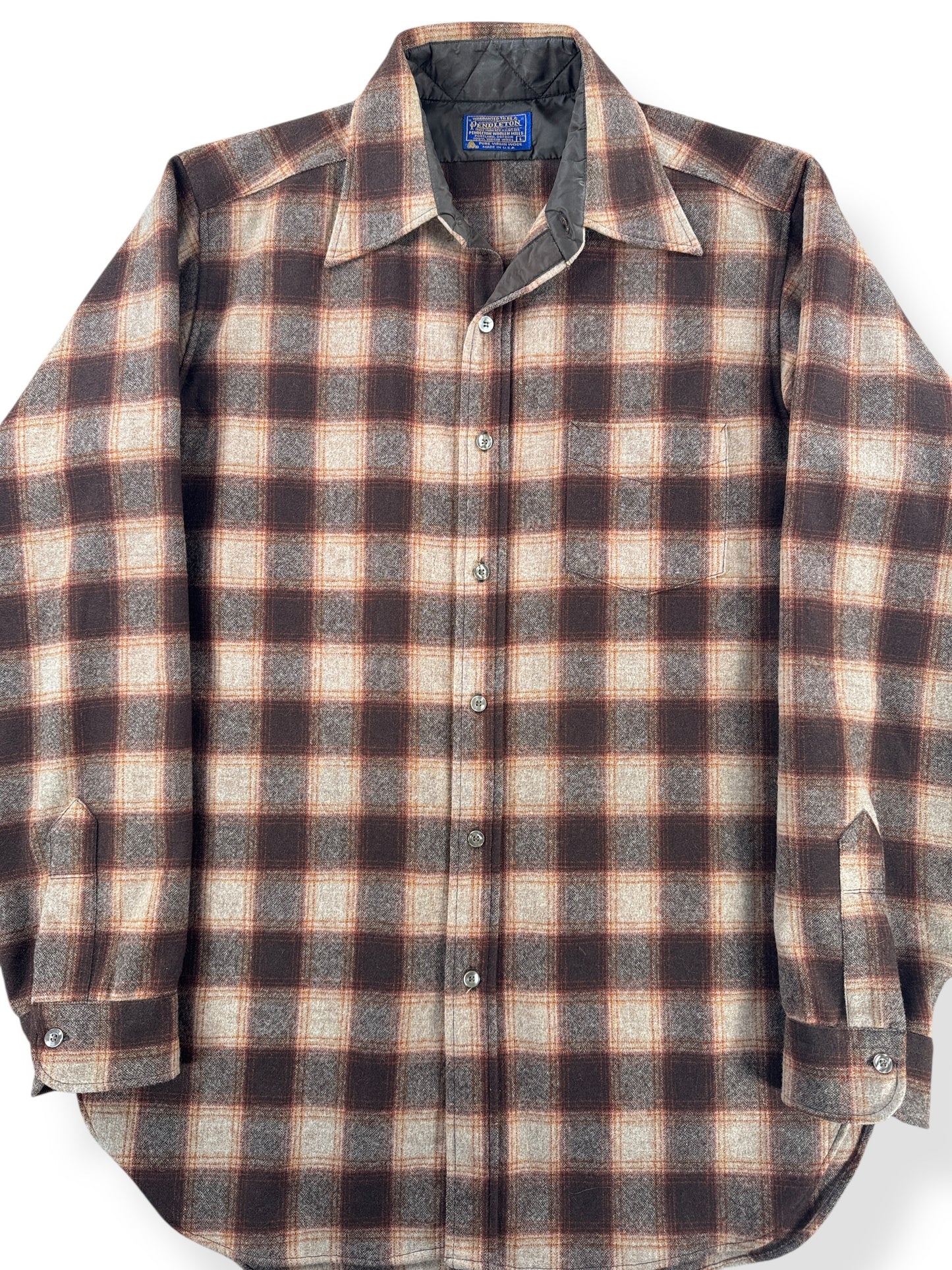 Front Close Up of Vintage Brown And Orange Pendleton Flannel SZ L